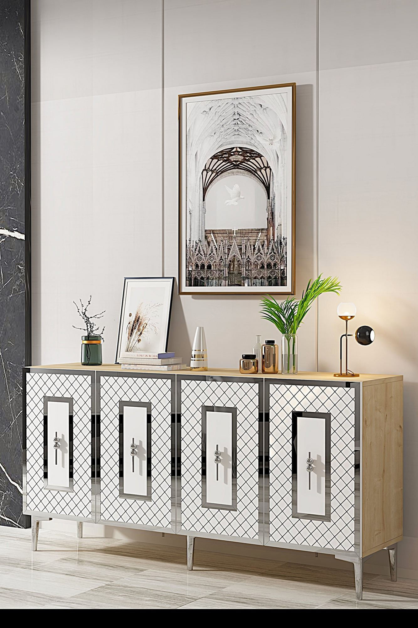 Consola Puma 150, 150 x 75 x 32 cm, stejar safir alb argintiu, PAL melaminat, spatiu de depozitare, fixare pe perete, safir stejar / alb / silver — imaginea 3