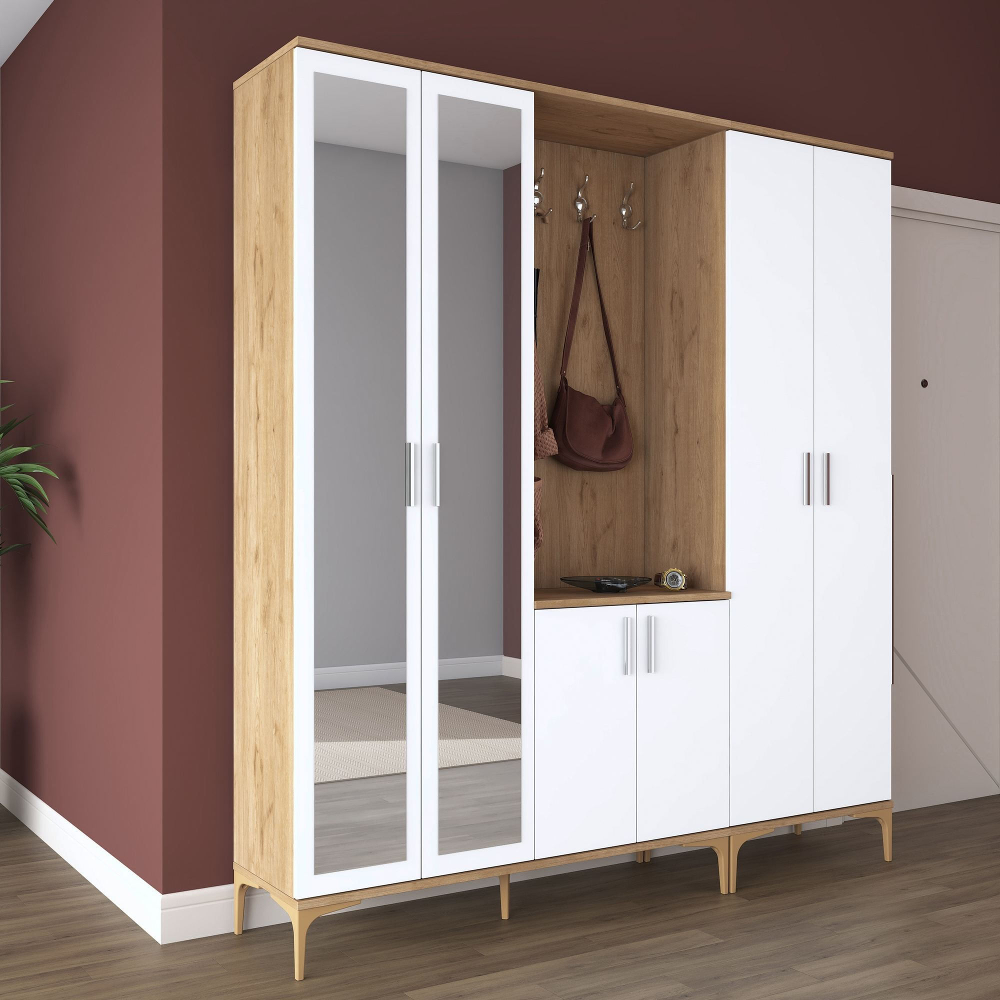 Cuier hol EA156, 180 x 198,6 x 37,5 cm, nuc alb, PAL, spatiu de depozitare, fixare pe perete — imaginea 2