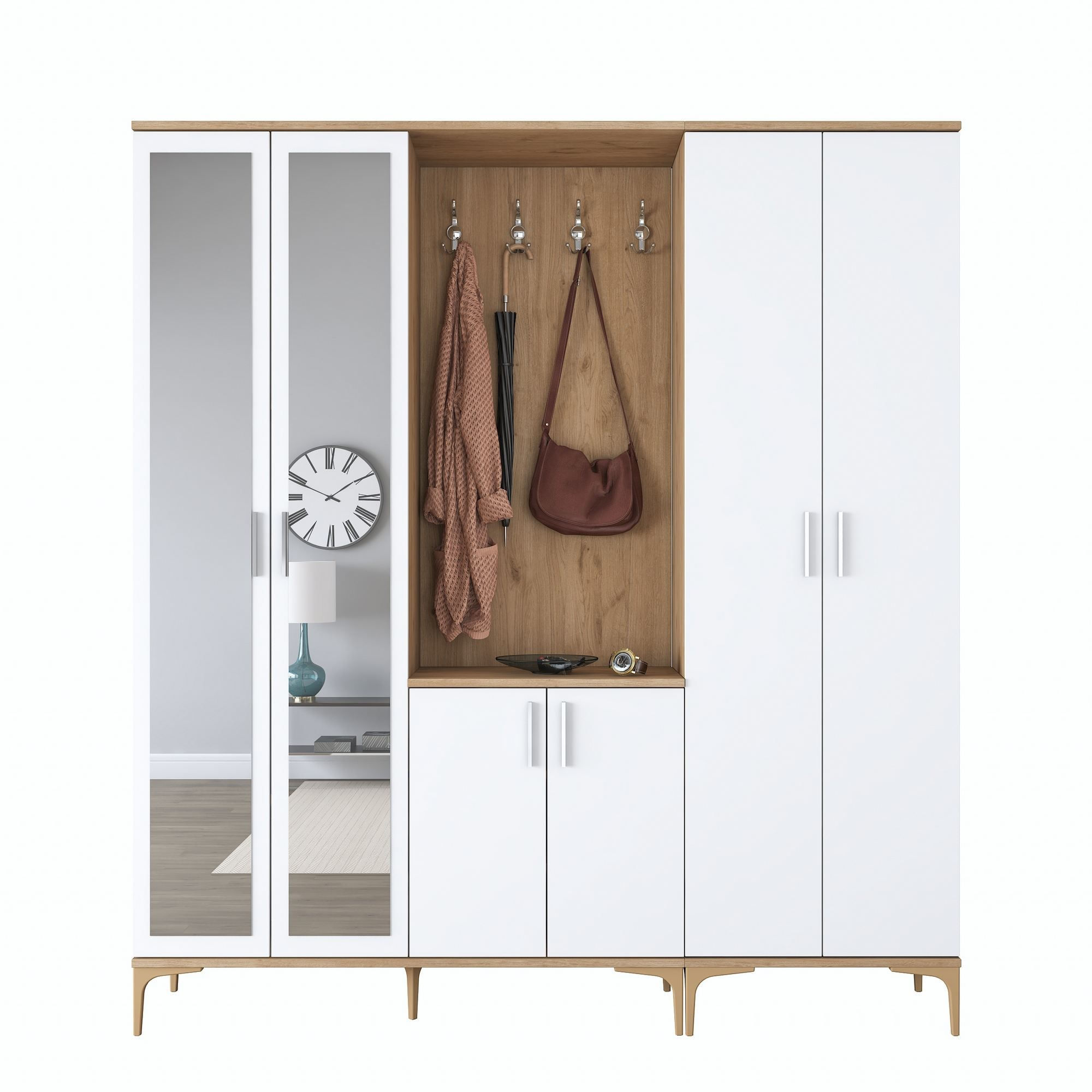 Cuier hol EA156, 180 x 198,6 x 37,5 cm, nuc alb, PAL, spatiu de depozitare, fixare pe perete — imaginea 7