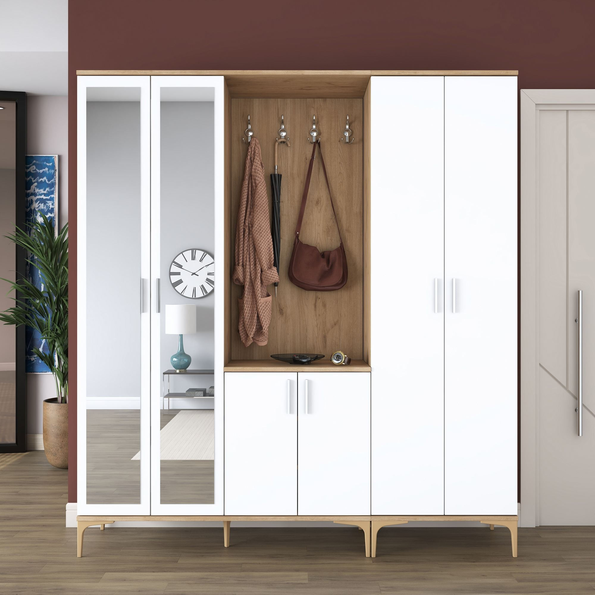 Cuier hol EA156, 180 x 198,6 x 37,5 cm, nuc alb, PAL, spatiu de depozitare, fixare pe perete — imaginea 8