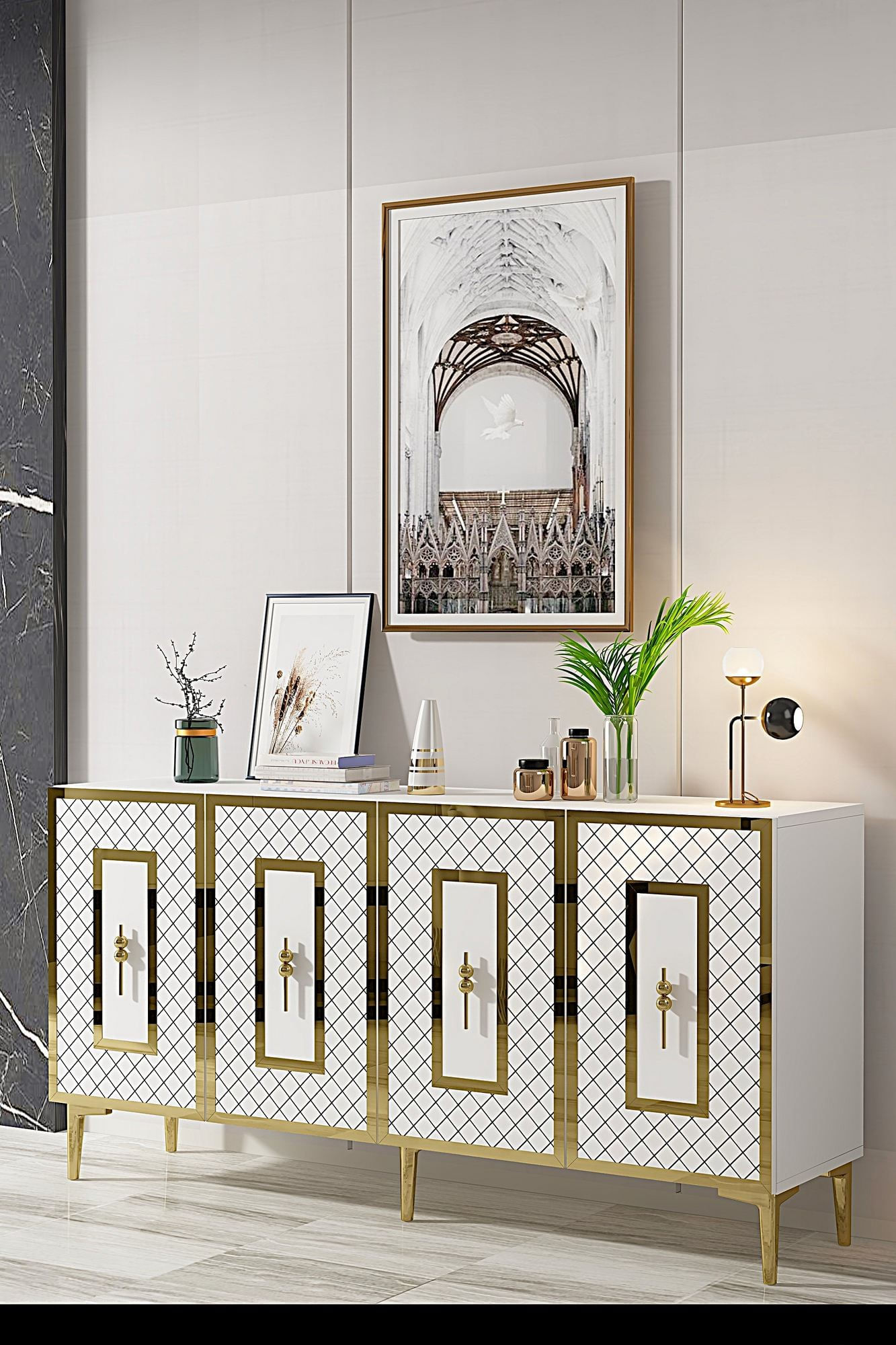 Consola Puma 150, 150 x 75 x 32 cm, alb auriu, PAL melaminat, spatiu de depozitare, fixare pe perete, alb / gold — imaginea 4