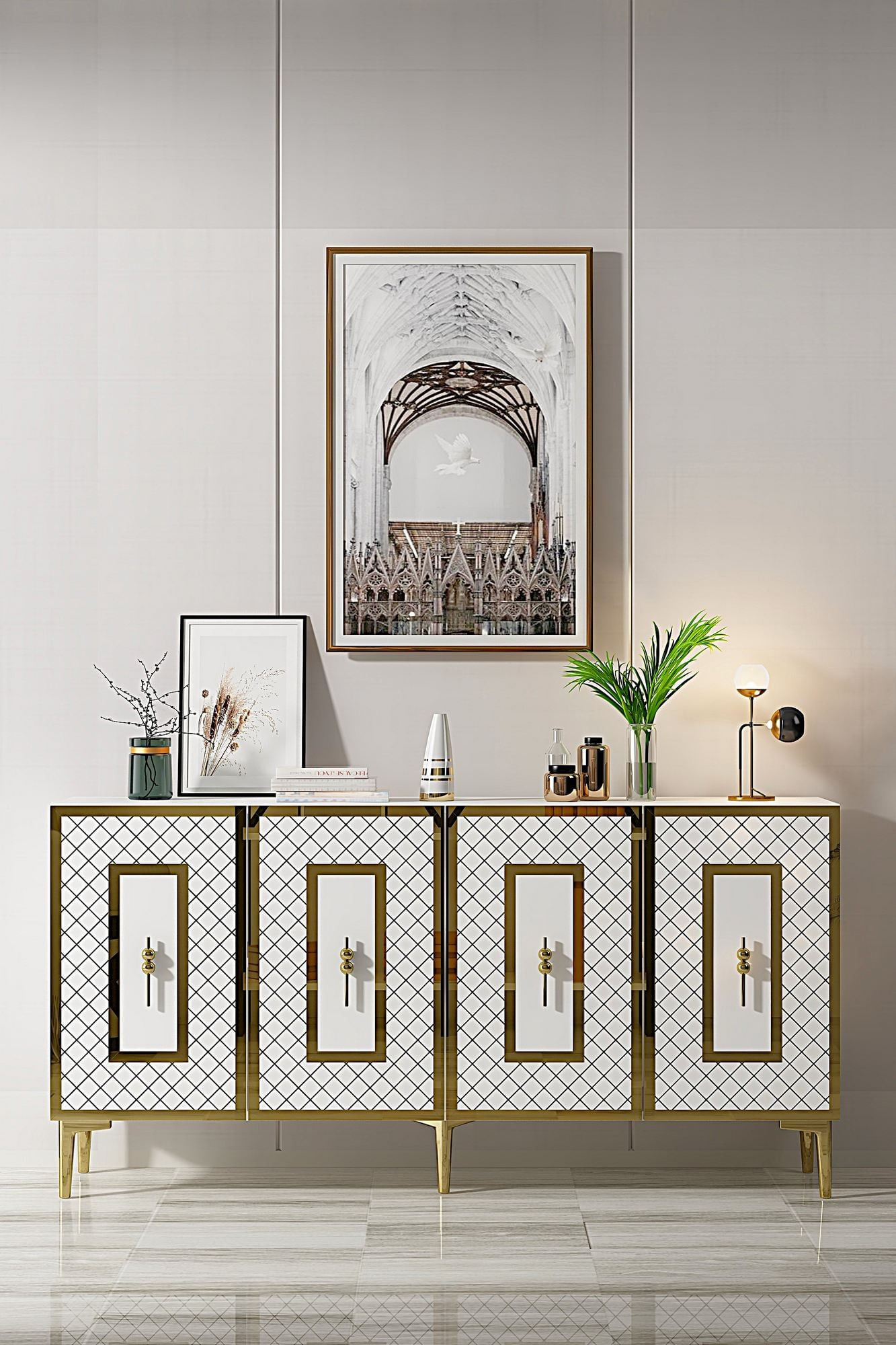 Consola Puma 150, 150 x 75 x 32 cm, alb auriu, PAL melaminat, spatiu de depozitare, fixare pe perete, alb / gold — imaginea 6