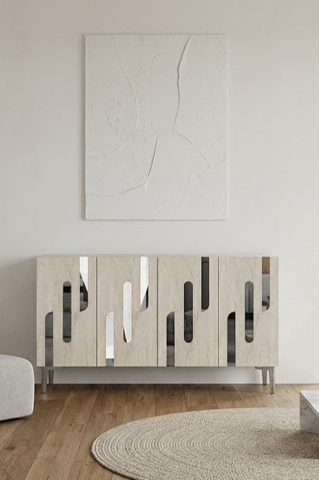 Consola Ece 120, 120 x 75 x 32 cm, alb travertin argintiu, PAL melaminat, oglinda inclusa, alb / travertin / silver — imaginea 2