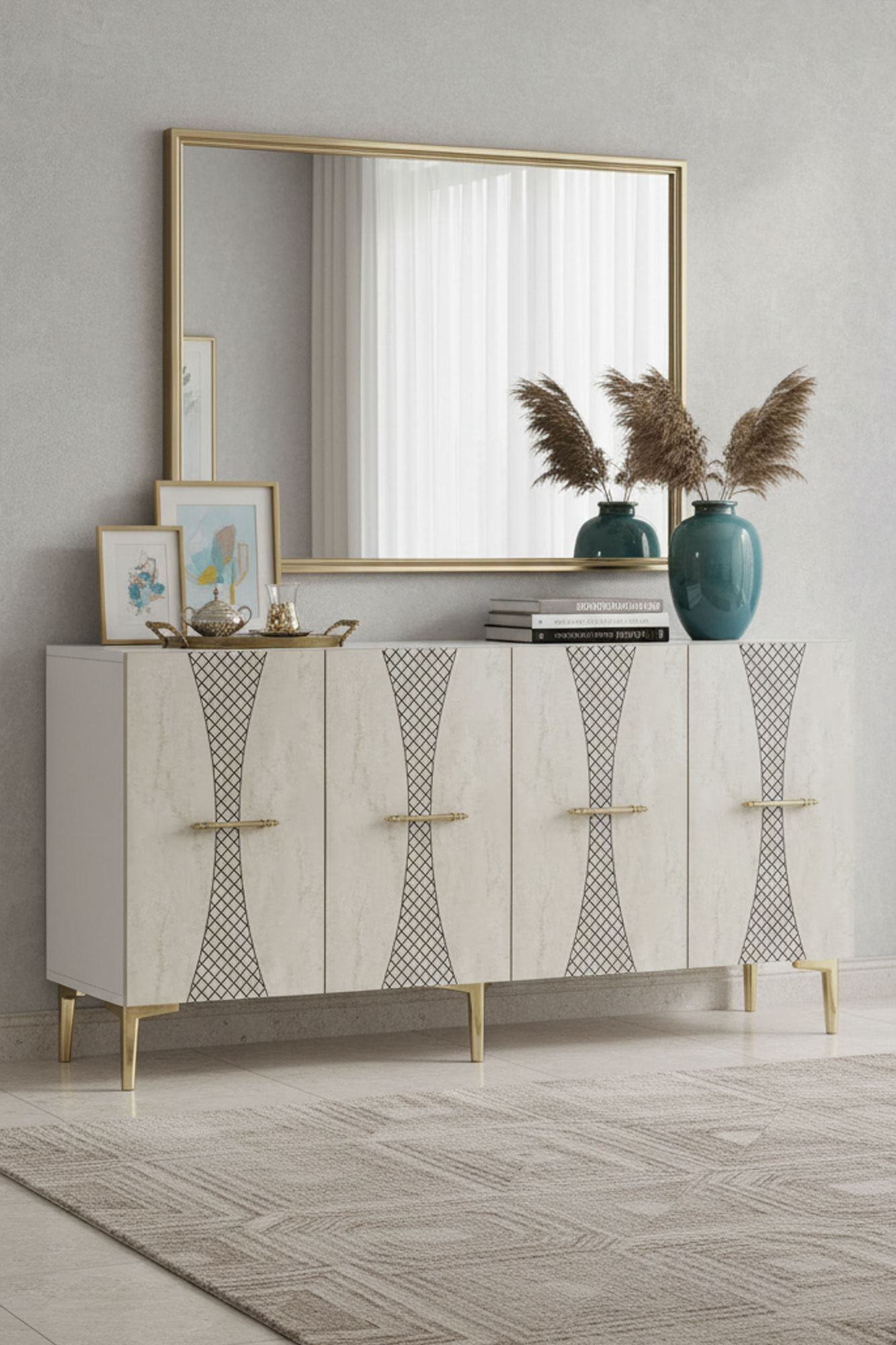 Consola Slim 150, 150 x 75 x 32 cm, alb travertin auriu, PAL melaminat, alb / travertin / gold — imaginea 4