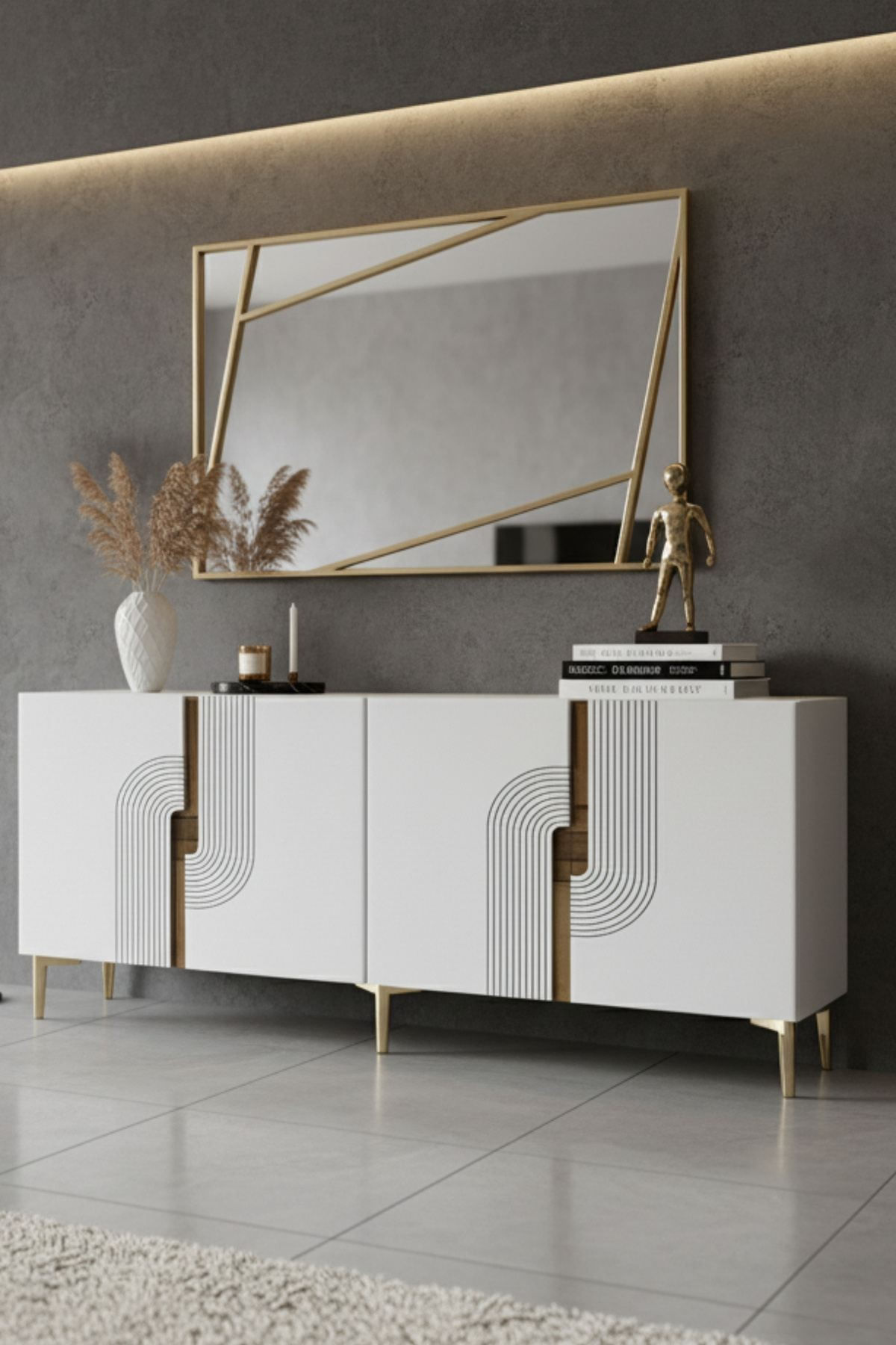 Consola Meyra 180, 180 x 75 x 32 cm, alb auriu, PAL melaminat, oglinda inclusa, alb / gold — imaginea 2