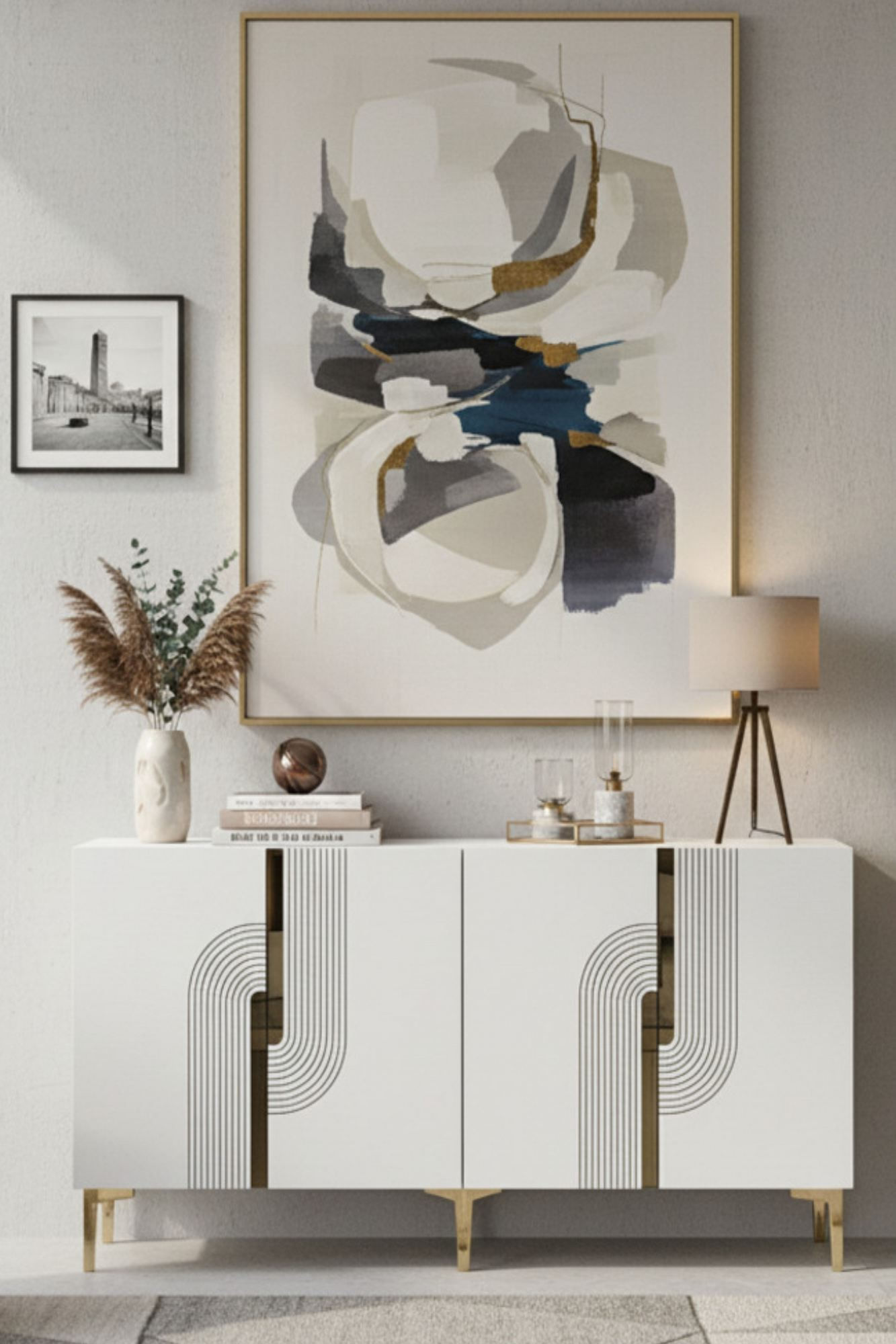 Consola Meyra 180, 180 x 75 x 32 cm, alb auriu, PAL melaminat, oglinda inclusa, alb / gold — imaginea 4