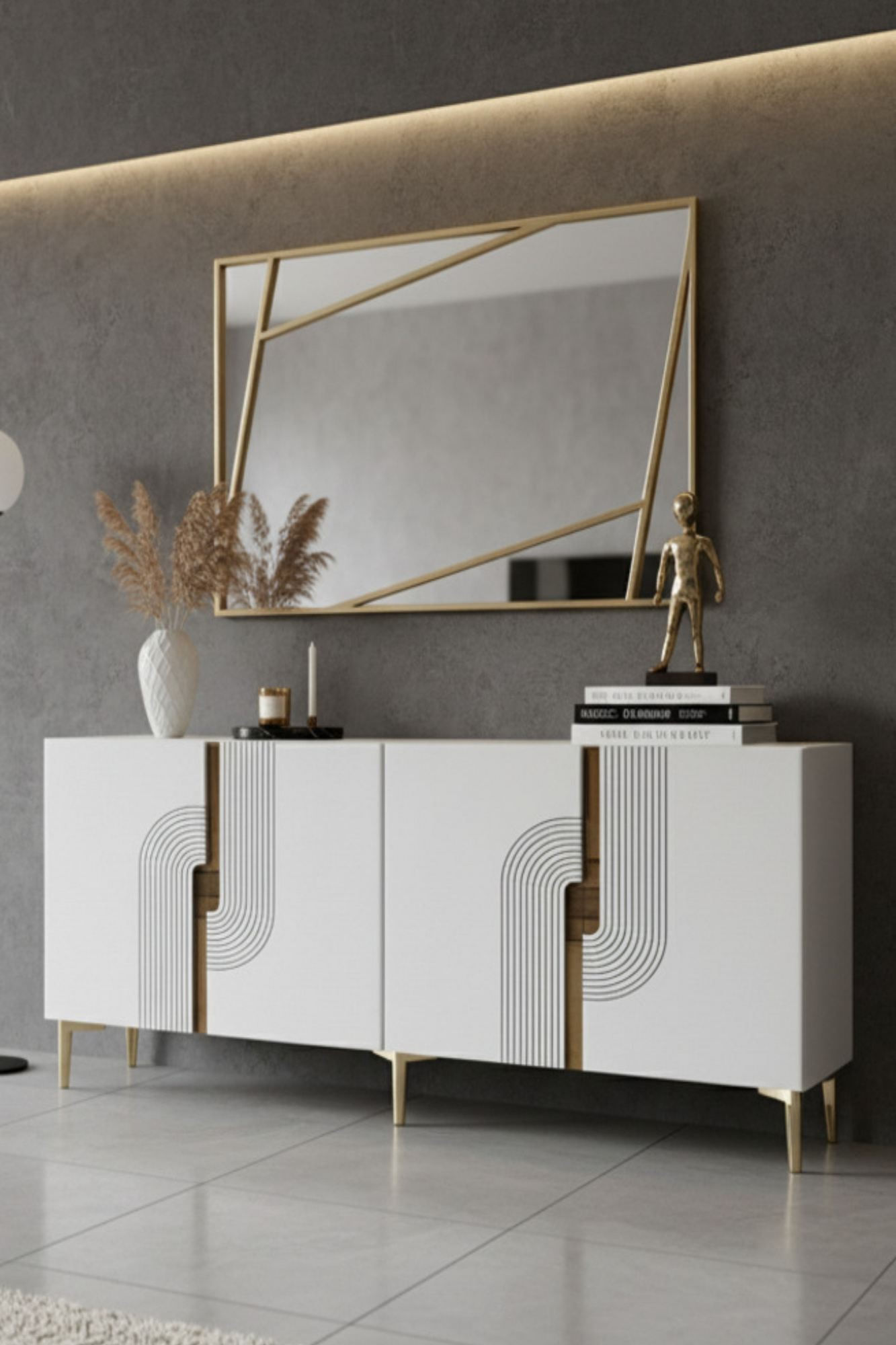 Consola Meyra 180, 180 x 75 x 32 cm, alb auriu, PAL melaminat, oglinda inclusa, alb / gold — imaginea 9