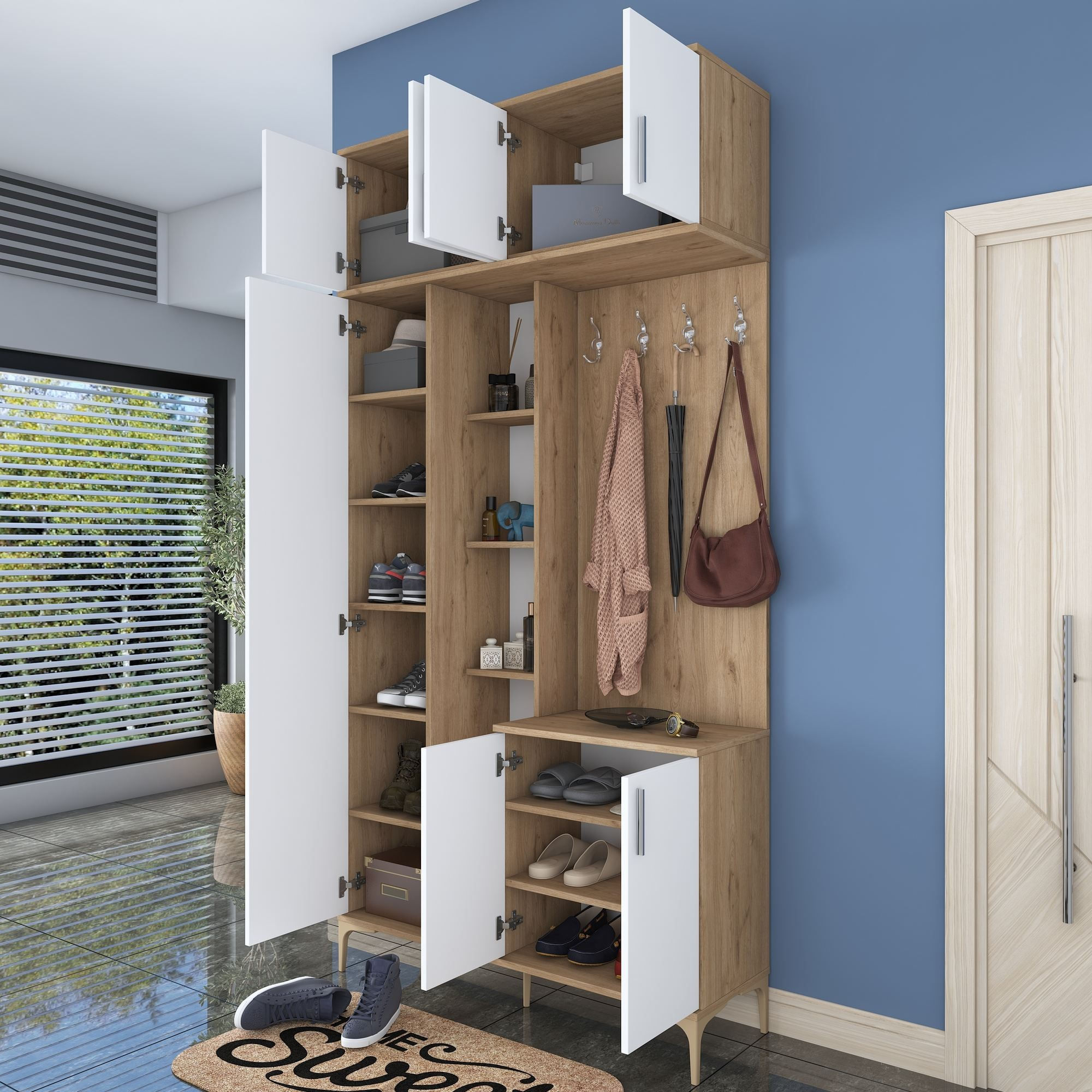 Cuier hol EA120, 120 x 240 x 37,5 cm, nuc alb, PAL, spatiu de depozitare, fixare pe perete — imaginea 3
