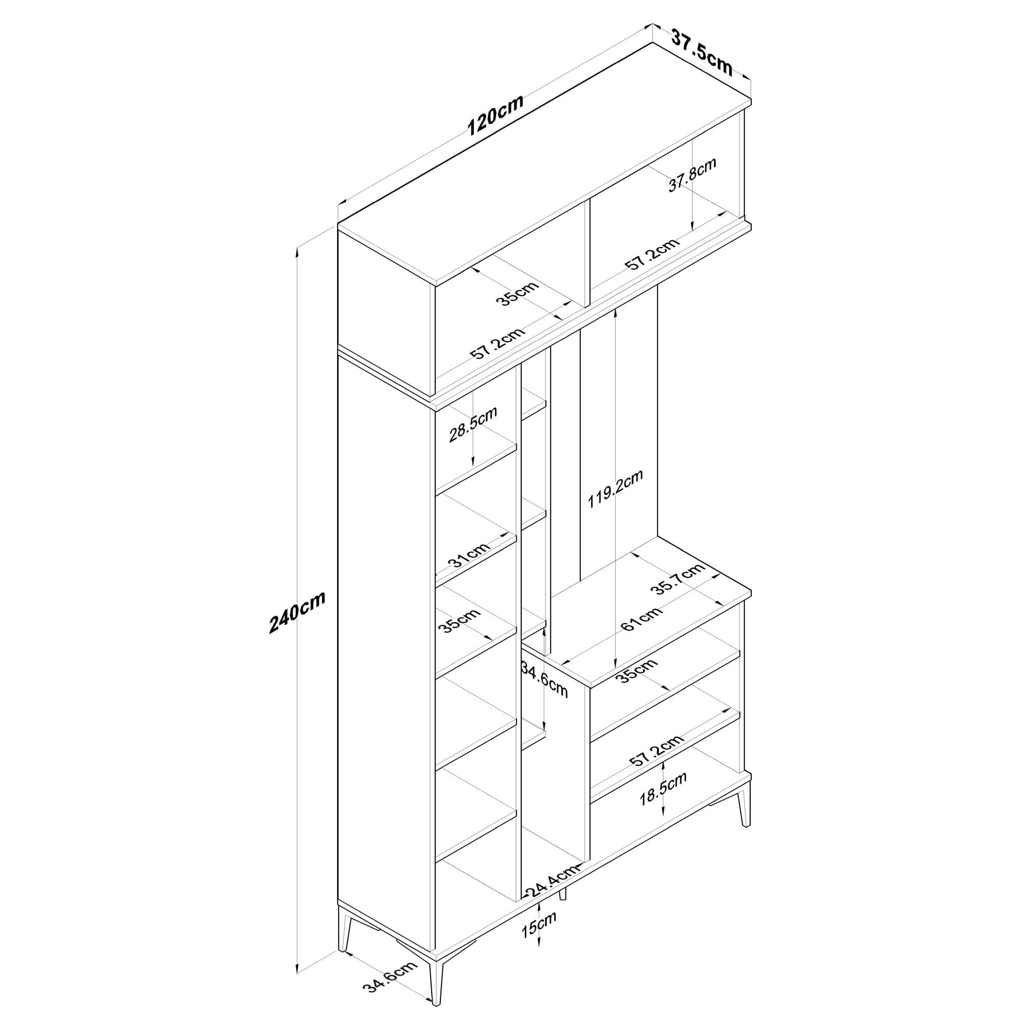 Cuier hol EA120, 120 x 240 x 37,5 cm, nuc alb, PAL, spatiu de depozitare, fixare pe perete — imaginea 8