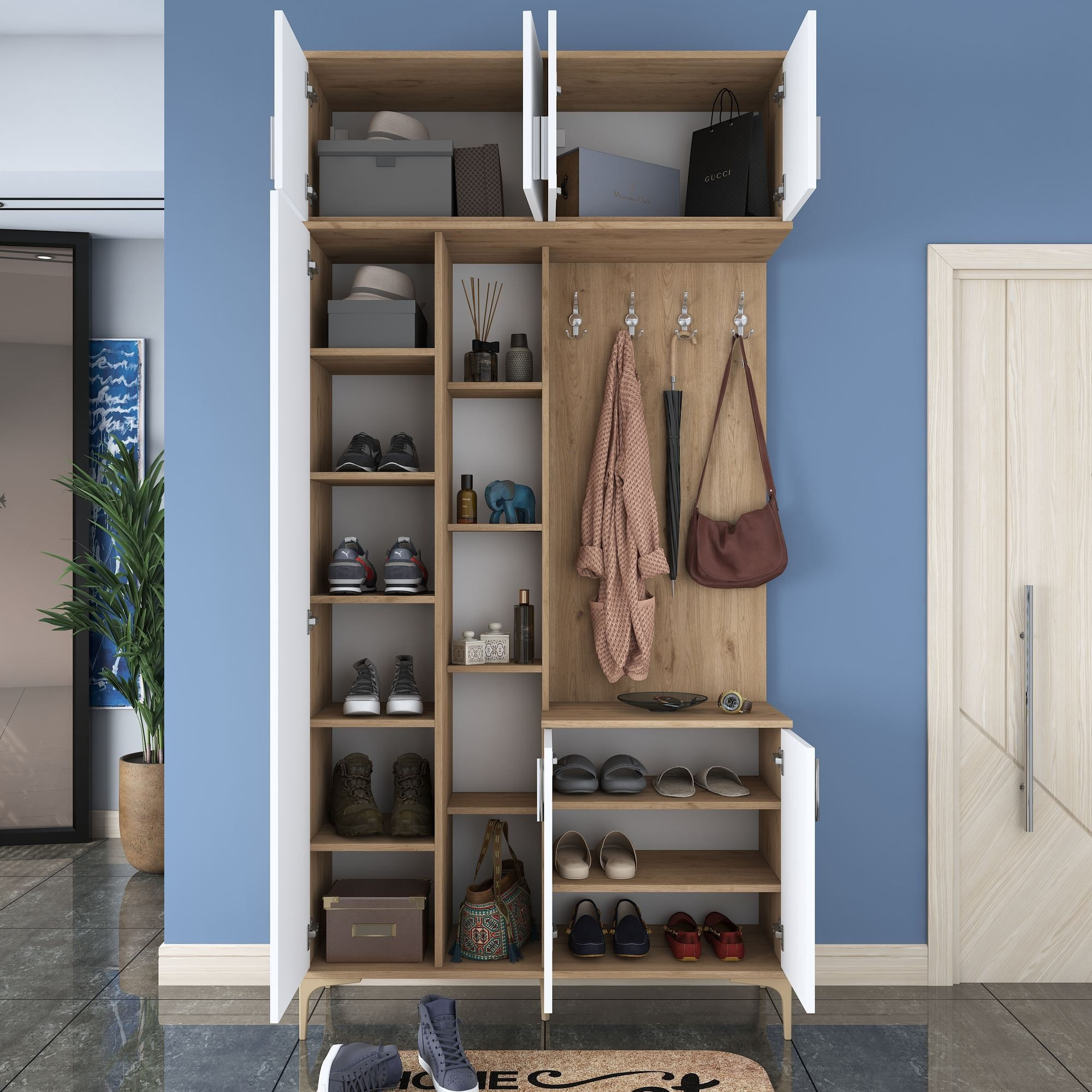 Cuier hol EA120, 120 x 240 x 37,5 cm, nuc alb, PAL, spatiu de depozitare, fixare pe perete — imaginea 9