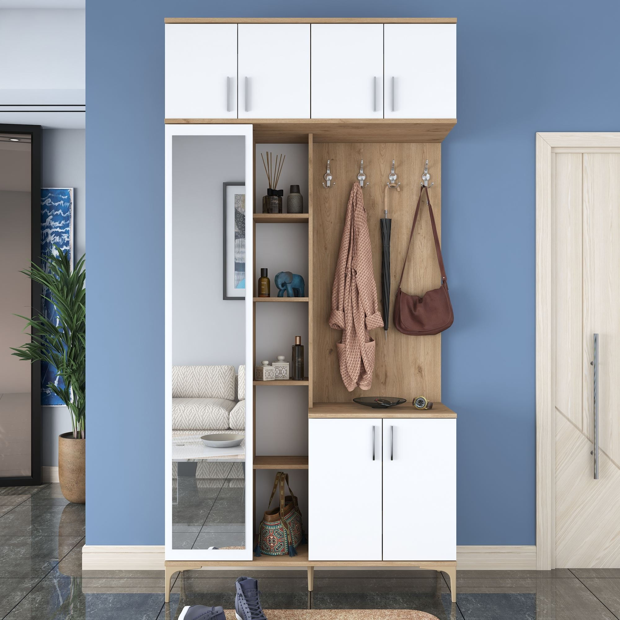 Cuier hol EA120, 120 x 240 x 37,5 cm, nuc alb, PAL, spatiu de depozitare, fixare pe perete — imaginea 10