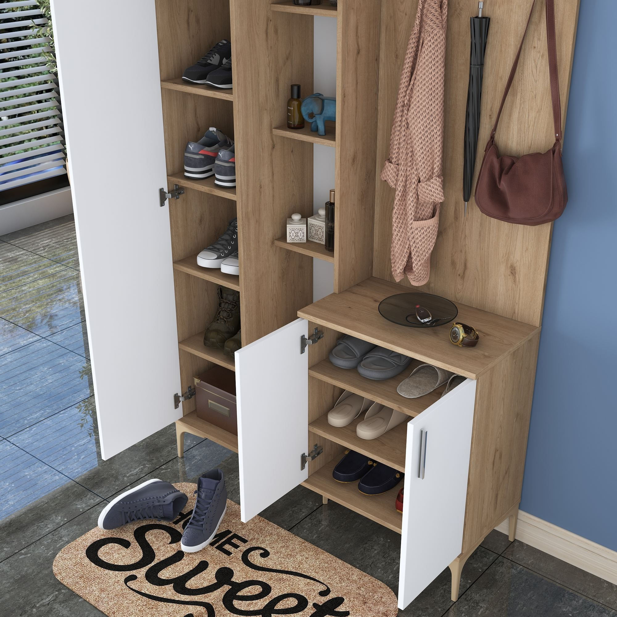 Cuier hol EA120, 120 x 240 x 37,5 cm, nuc alb, PAL, spatiu de depozitare, fixare pe perete — imaginea 11