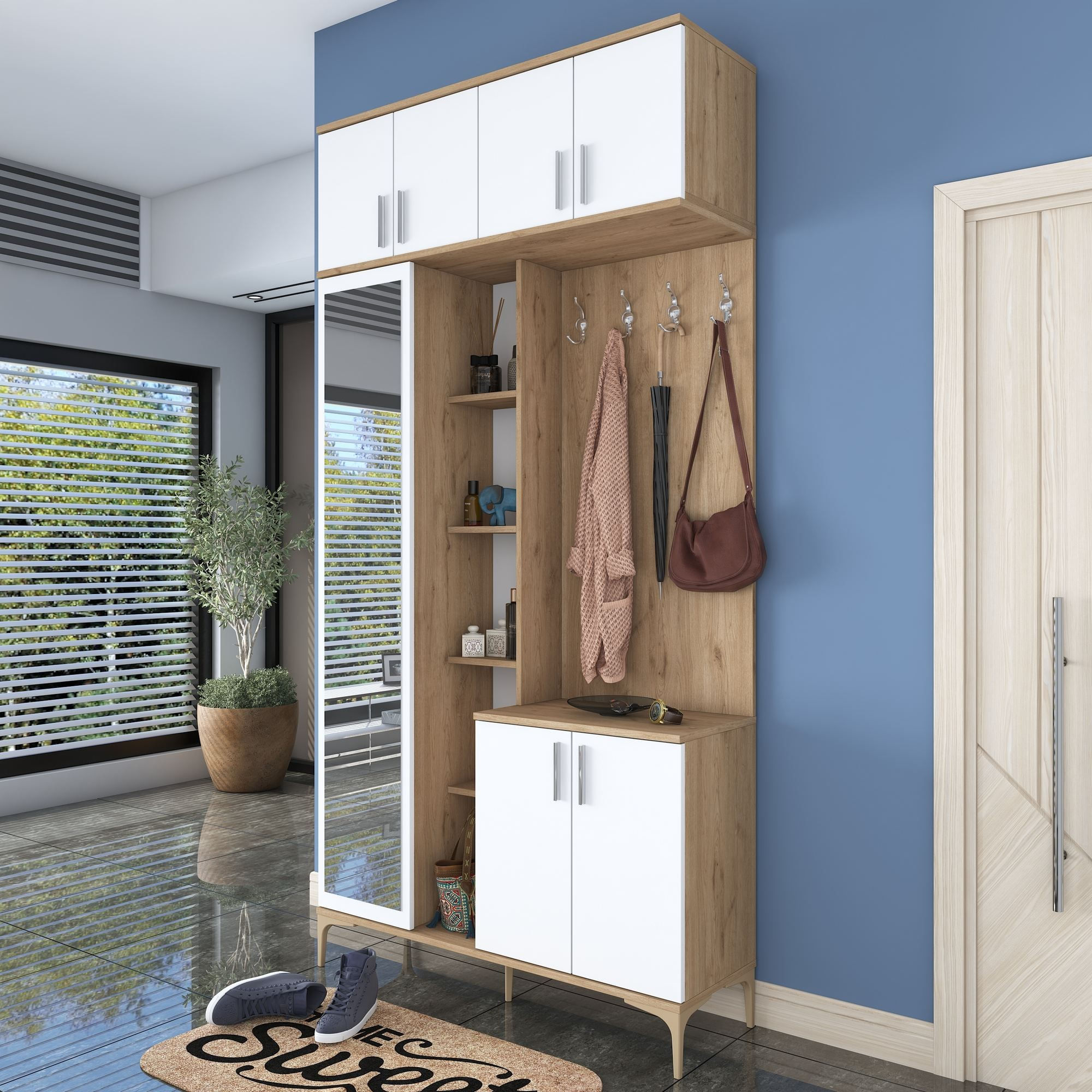 Cuier hol EA120, 120 x 240 x 37,5 cm, nuc alb, PAL, spatiu de depozitare, fixare pe perete — imaginea 12