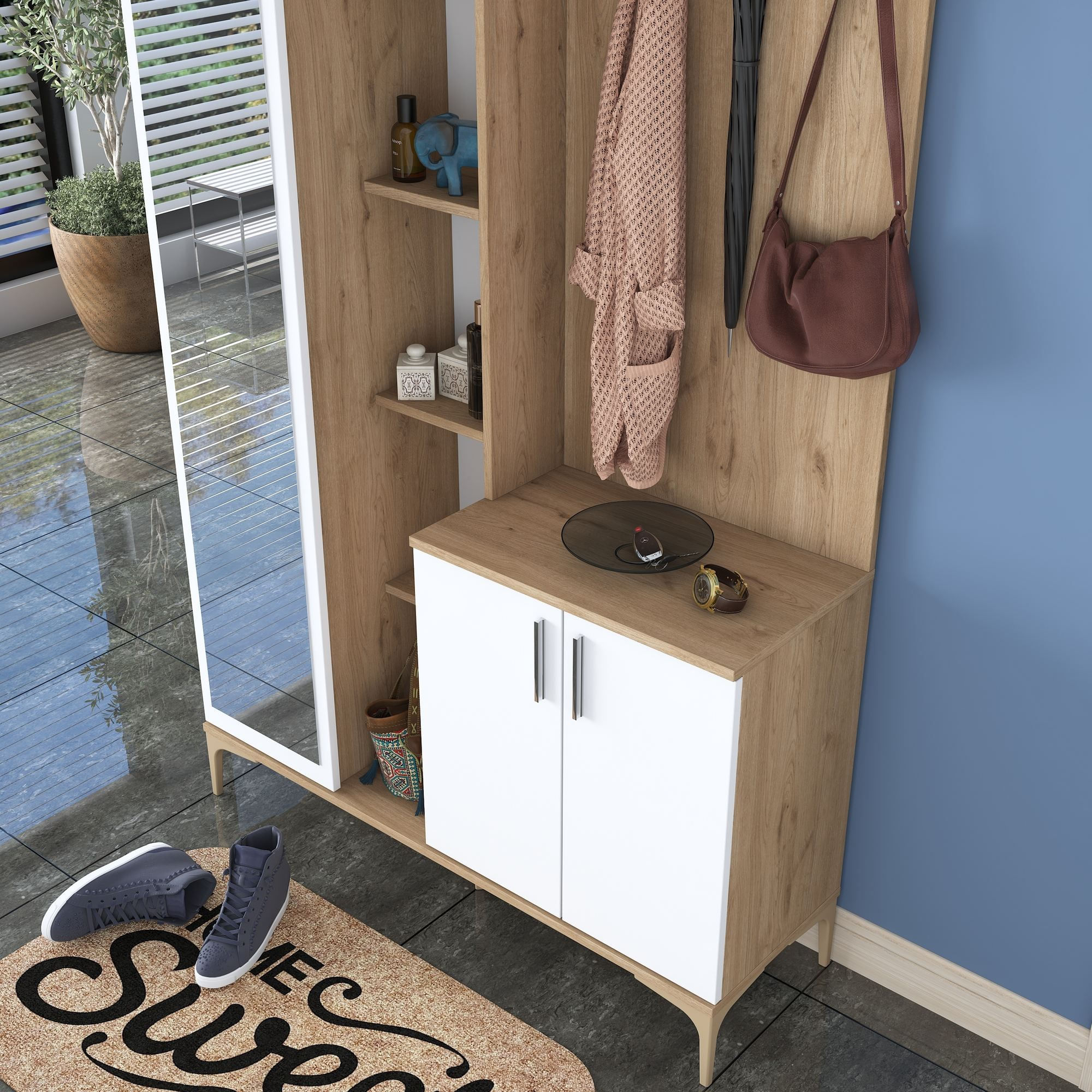 Cuier hol EA120, 120 x 240 x 37,5 cm, nuc alb, PAL, spatiu de depozitare, fixare pe perete — imaginea 13