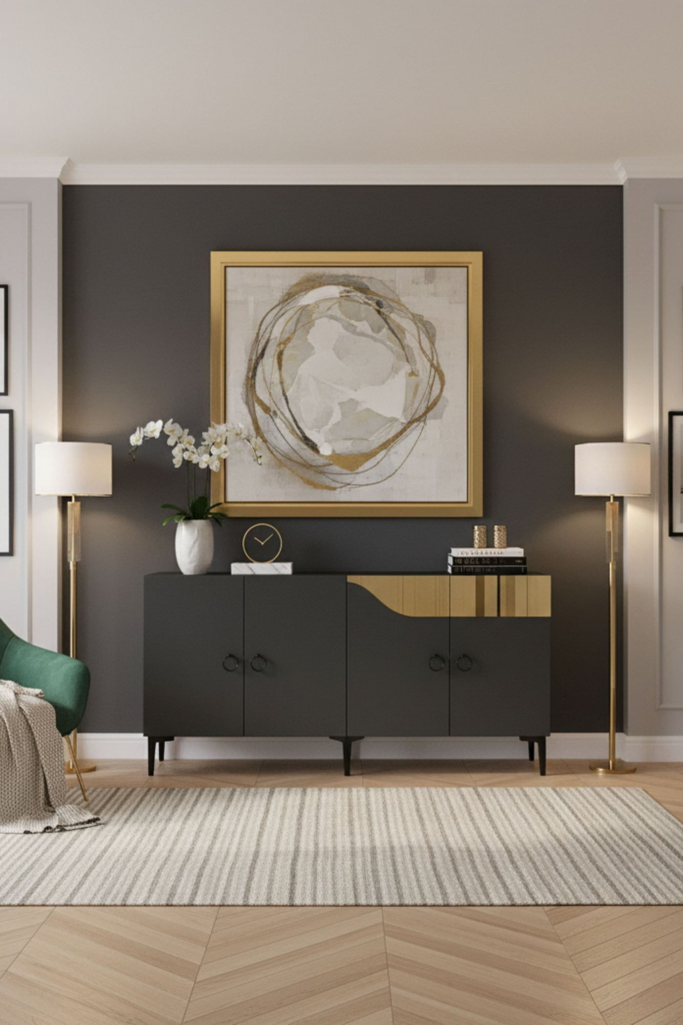 Consola Gama 150, 150 x 75 x 32 cm, antracit auriu, PAL melaminat, spatiu de depozitare, fixare pe perete, antracit / gold — imaginea 2