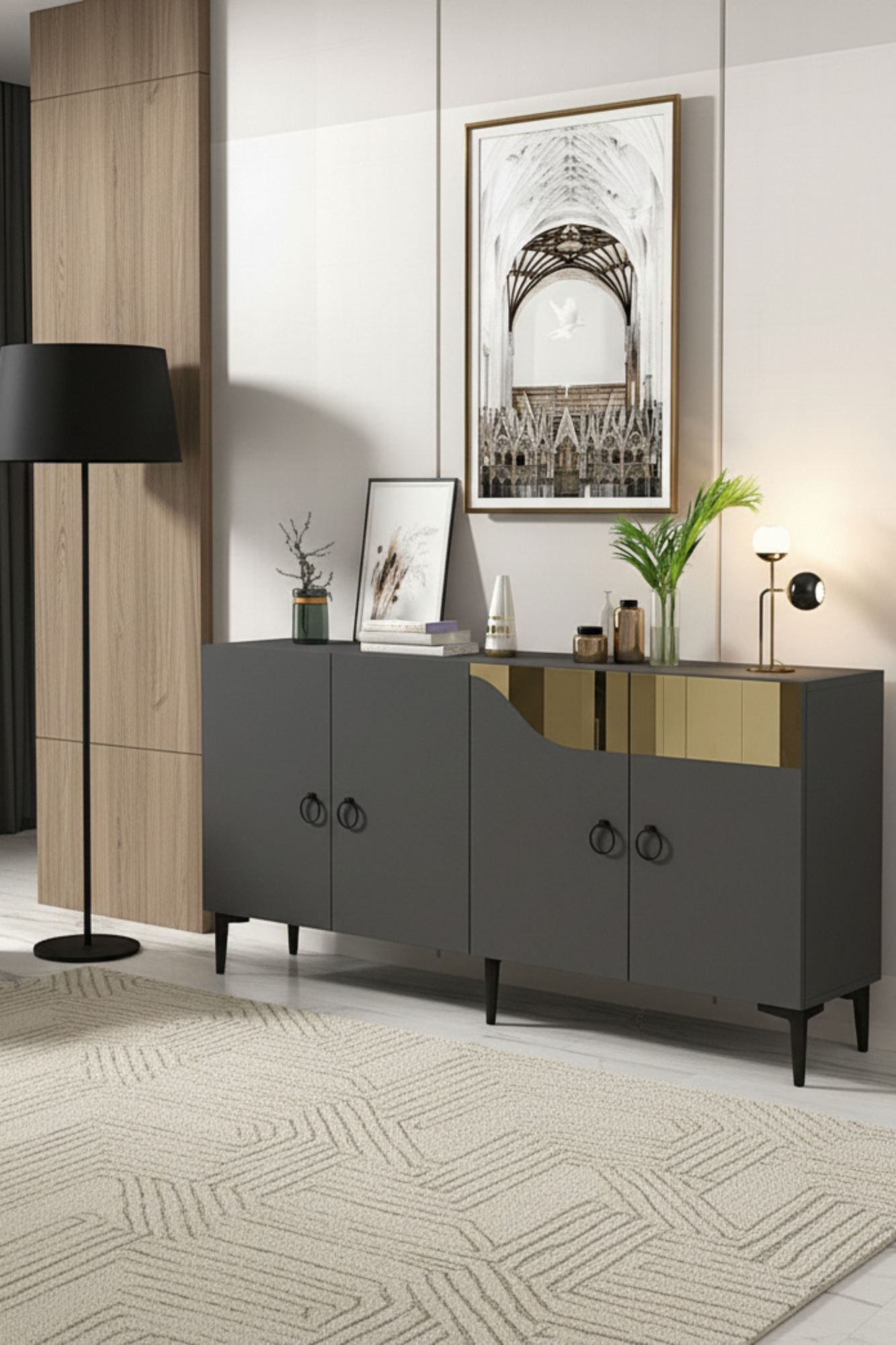 Consola Gama 150, 150 x 75 x 32 cm, antracit auriu, PAL melaminat, spatiu de depozitare, fixare pe perete, antracit / gold — imaginea 3