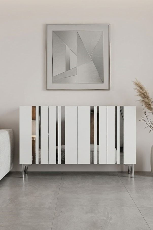 Consola Mia 120, 120 x 75 x 32 cm, alb argintiu, PAL melaminat, oglinda inclusa, alb / silver — imaginea 2