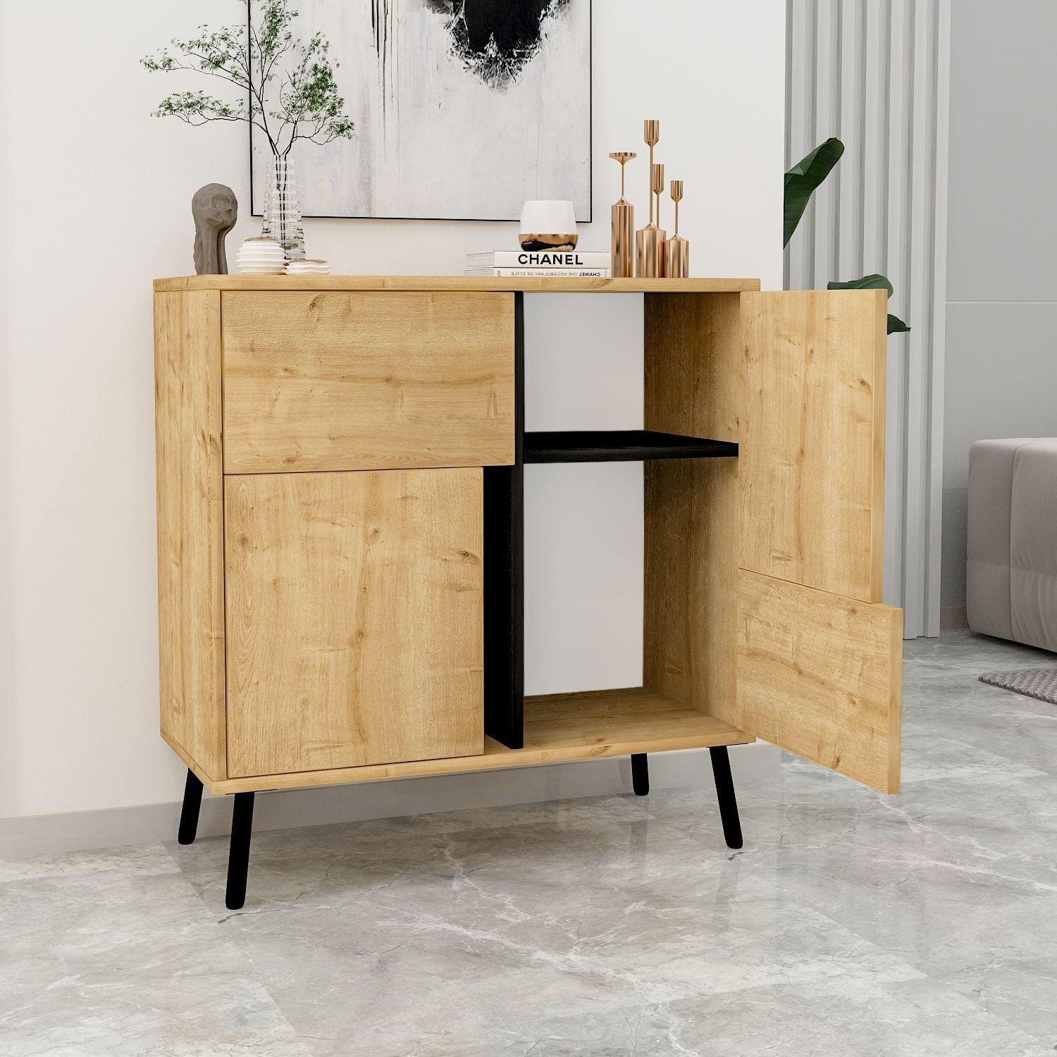 Dulap Darien, 76, 5 x 79, 5 x 35 cm, stejar safir negru lemn, PAL melaminat, spatiu de depozitare, fixare pe perete, safir stejar / negru wood — imaginea 3