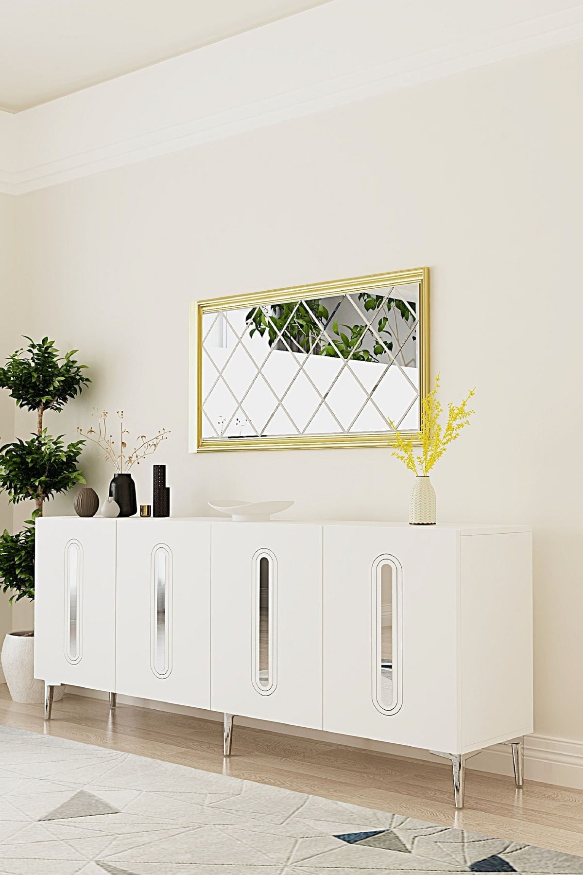 Consola Rany 180, 180 x 75 x 32 cm, alb argintiu, PAL melaminat, oglinda inclusa, alb / silver — imaginea 3