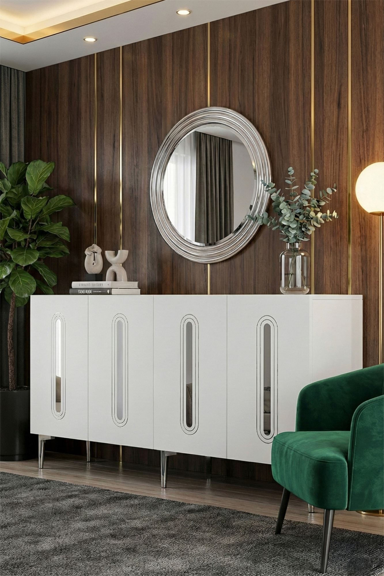 Consola Rany 180, 180 x 75 x 32 cm, alb argintiu, PAL melaminat, oglinda inclusa, alb / silver — imaginea 8