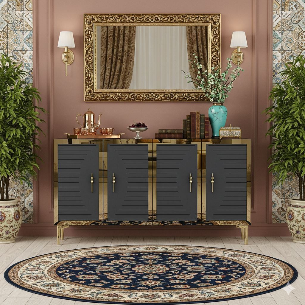Consola Tuna 120, 120 x 75 x 32 cm, antracit auriu, PAL melaminat, spatiu de depozitare, fixare pe perete, antracit / gold — imaginea 3