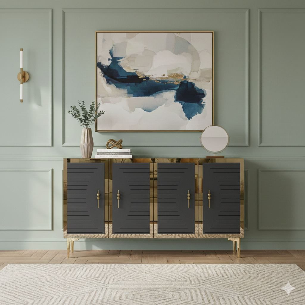 Consola Tuna 120, 120 x 75 x 32 cm, antracit auriu, PAL melaminat, spatiu de depozitare, fixare pe perete, antracit / gold — imaginea 5
