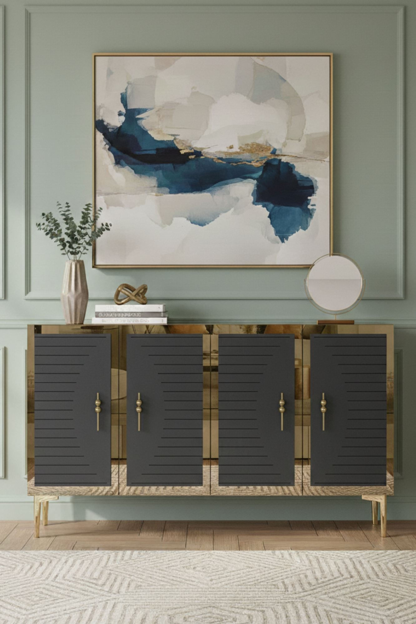 Consola Tuna 120, 120 x 75 x 32 cm, antracit auriu, PAL melaminat, spatiu de depozitare, fixare pe perete, antracit / gold — imaginea 8