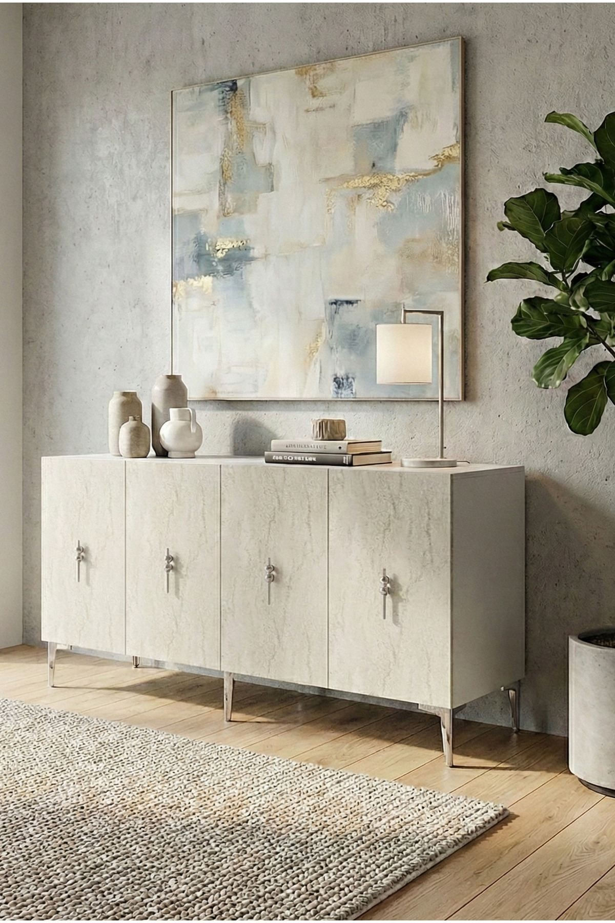 Consola Salkım 150, 150 x 75 x 32 cm, alb travertin argintiu, PAL melaminat, alb / travertin / silver — imaginea 5