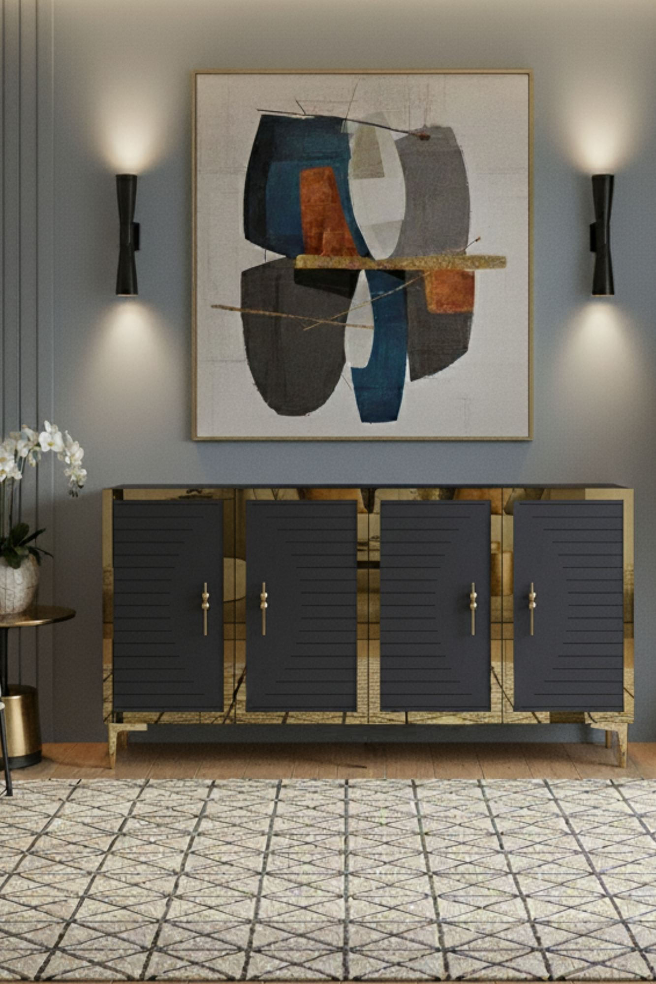 Consola Tuna 120, 120 x 75 x 32 cm, antracit auriu, PAL melaminat, spatiu de depozitare, fixare pe perete, antracit / gold — imaginea 10