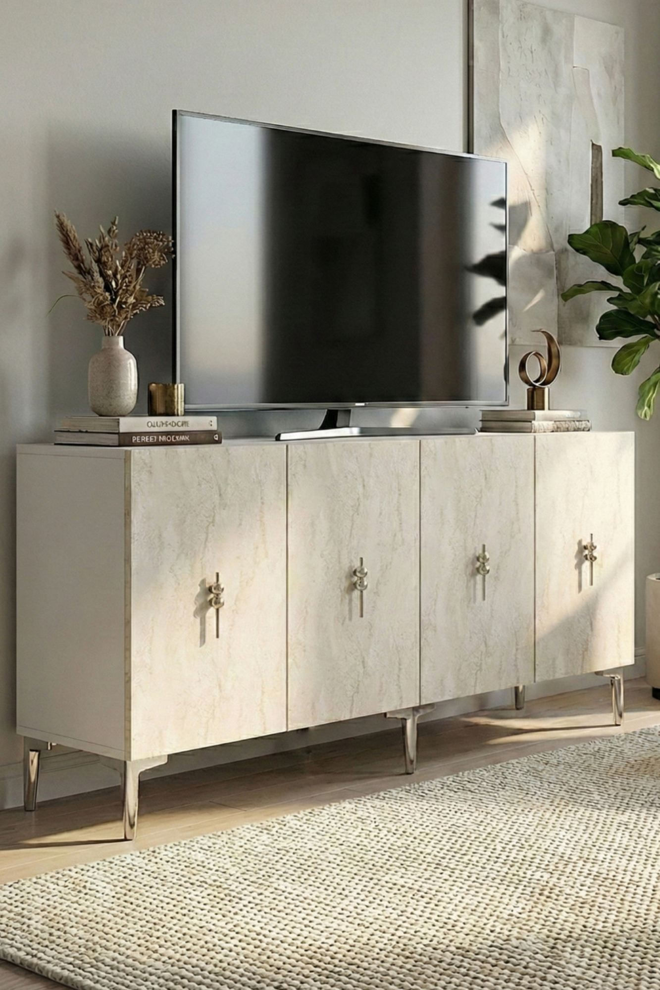 Consola Salkım 150, 150 x 75 x 32 cm, alb travertin argintiu, PAL melaminat, alb / travertin / silver — imaginea 6