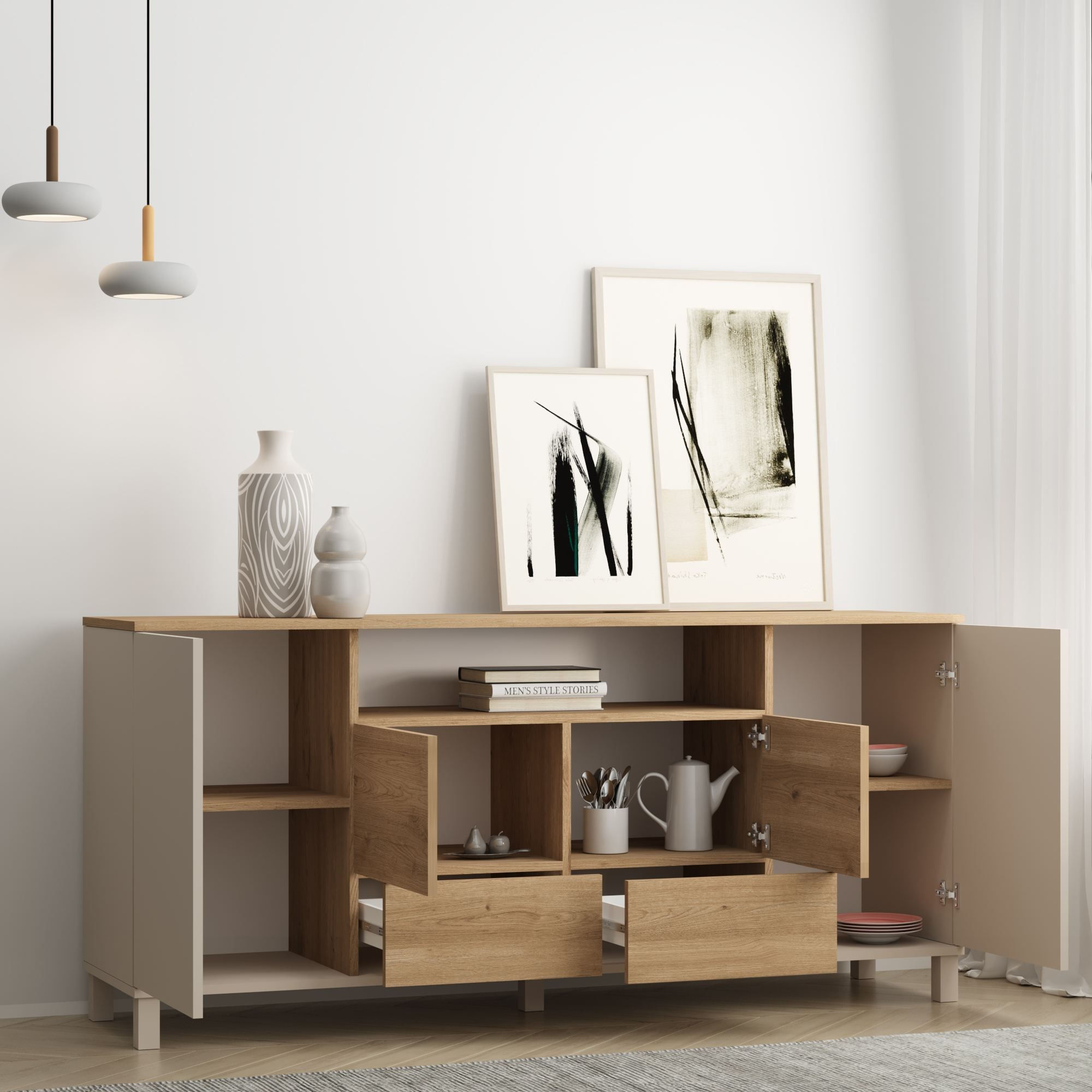 Consola Mood - MD5-CS, 180 x 82,4 x 44,5 cm, sand stejar, PAL melaminat, spatiu de depozitare, fixare pe perete — imaginea 2