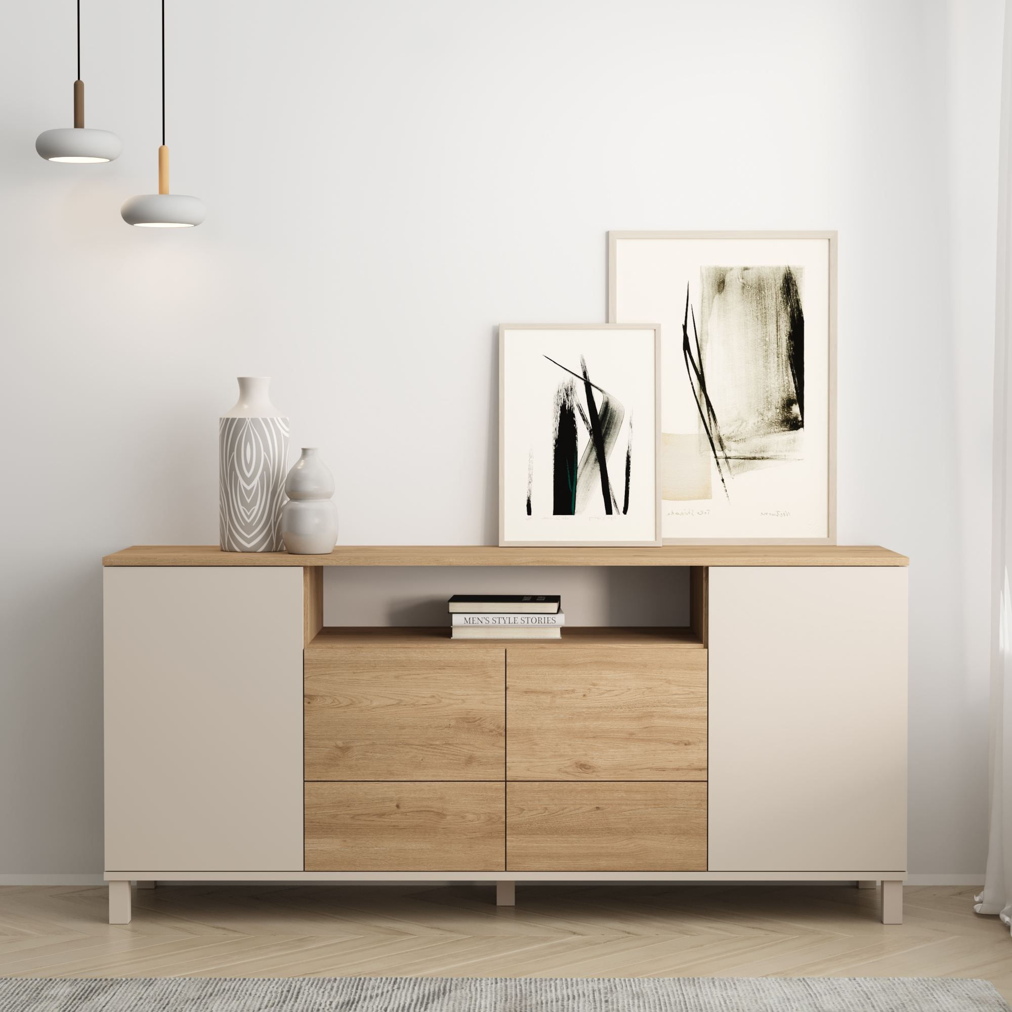 Consola Mood - MD5-CS, 180 x 82,4 x 44,5 cm, sand stejar, PAL melaminat, spatiu de depozitare, fixare pe perete — imaginea 5