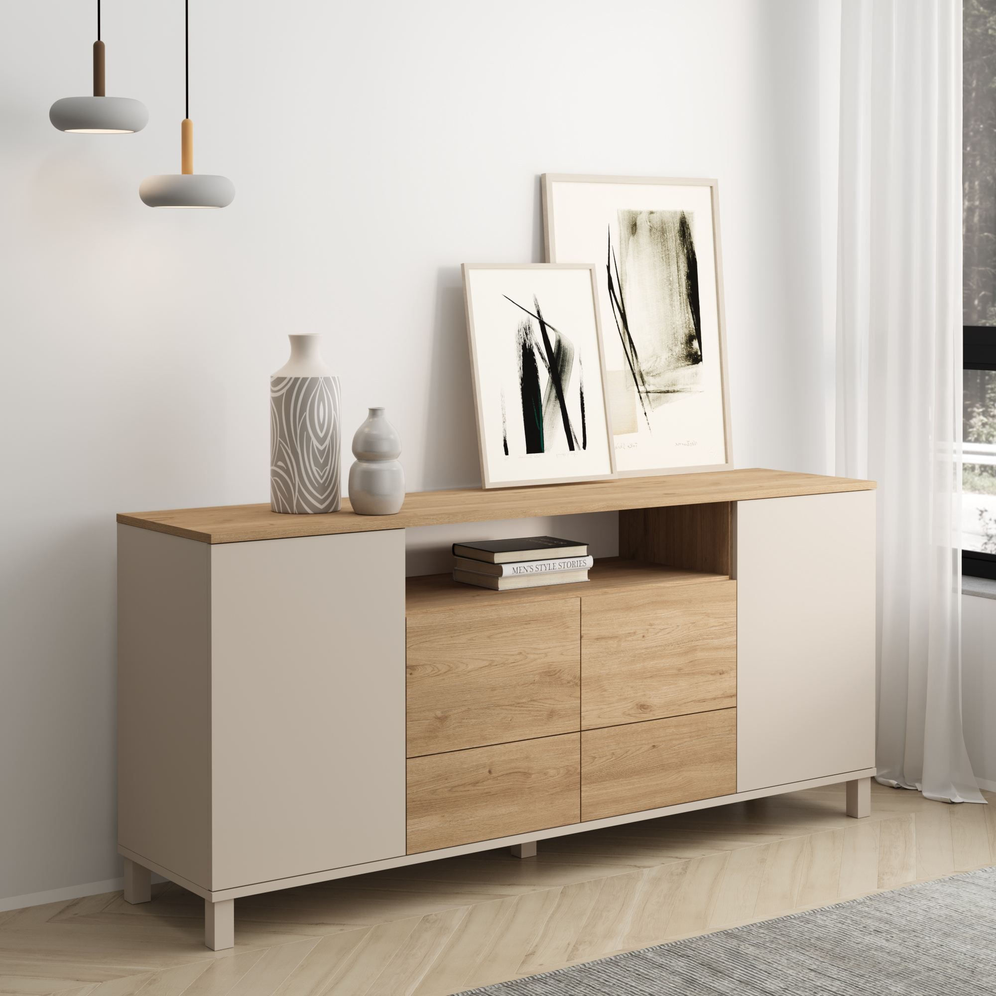 Consola Mood - MD5-CS, 180 x 82,4 x 44,5 cm, sand stejar, PAL melaminat, spatiu de depozitare, fixare pe perete — imaginea 6