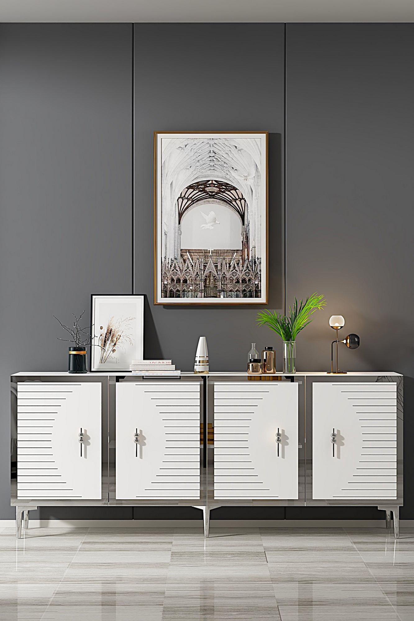 Consola Tuna 180, 180 x 75 x 32 cm, alb argintiu, PAL melaminat, spatiu de depozitare, fixare pe perete, alb / silver — imaginea 4