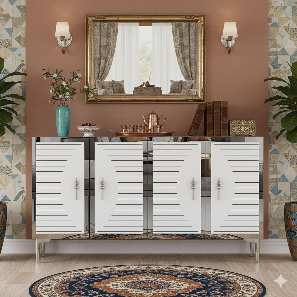 Consola Tuna 120, 120 x 75 x 32 cm, alb argintiu, PAL melaminat, spatiu de depozitare, fixare pe perete, alb / silver — imaginea 2