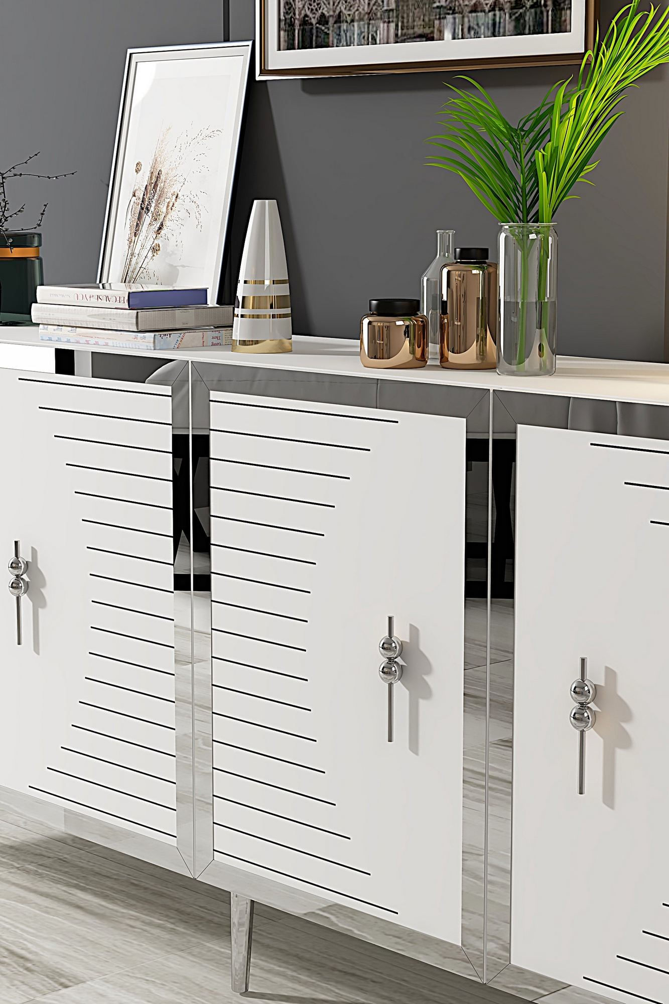 Consola Tuna 180, 180 x 75 x 32 cm, alb argintiu, PAL melaminat, spatiu de depozitare, fixare pe perete, alb / silver — imaginea 5