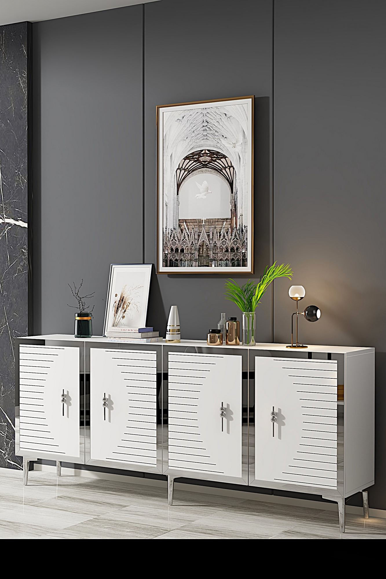 Consola Tuna 180, 180 x 75 x 32 cm, alb argintiu, PAL melaminat, spatiu de depozitare, fixare pe perete, alb / silver — imaginea 6