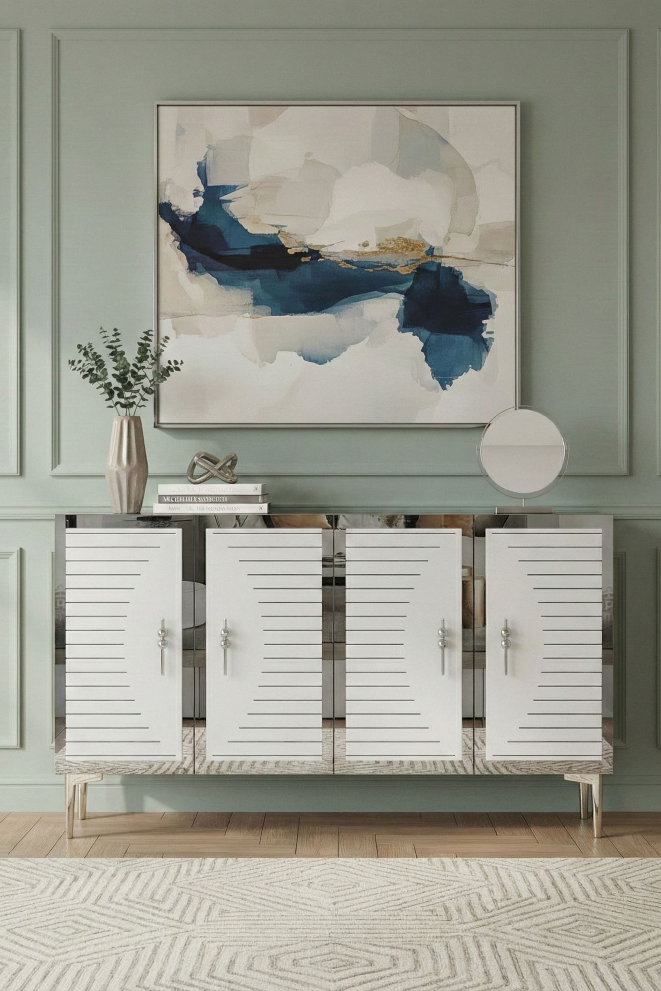 Consola Tuna 120, 120 x 75 x 32 cm, alb argintiu, PAL melaminat, spatiu de depozitare, fixare pe perete, alb / silver — imaginea 3