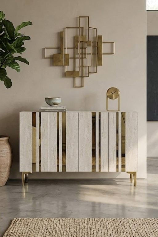 Consola Mia 120, 120 x 75 x 32 cm, alb travertin auriu, PAL melaminat, oglinda inclusa, alb / travertin / gold — imaginea 2