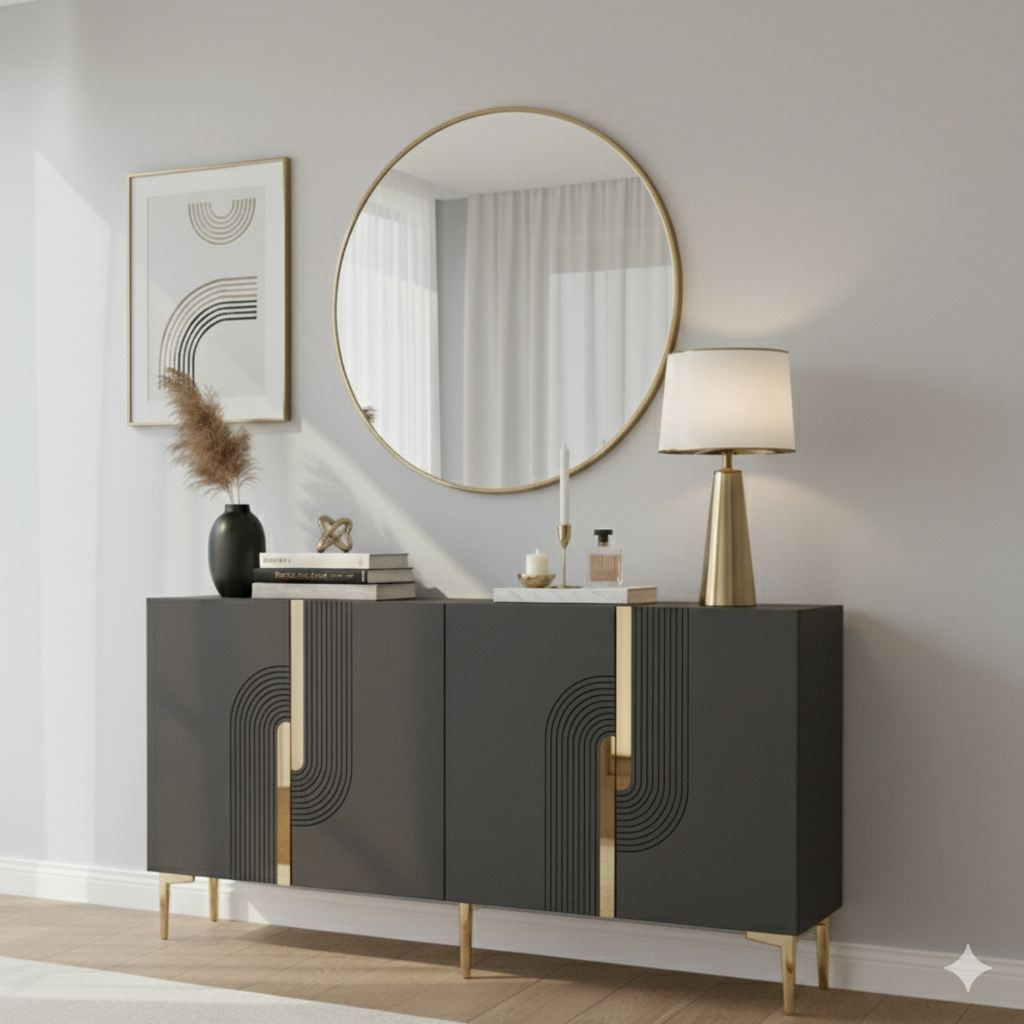 Consola Meyra 150, 150 x 75 x 32 cm, antracit auriu, PAL melaminat, spatiu de depozitare, fixare pe perete, antracit / gold — imaginea 2