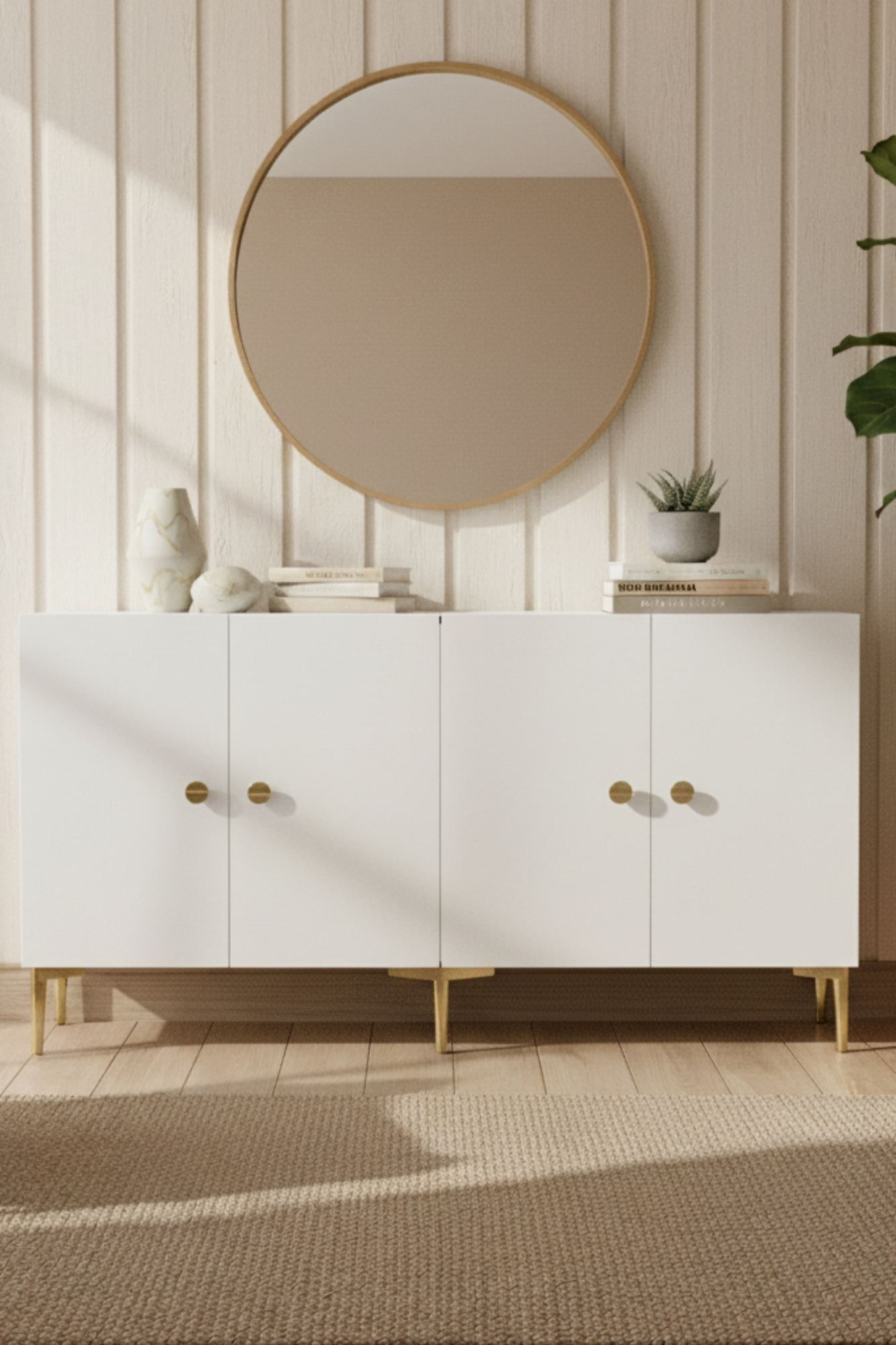 Consola Simple 150, 150 x 75 x 32 cm, alb auriu, PAL melaminat, spatiu de depozitare, fixare pe perete, alb / gold — imaginea 6