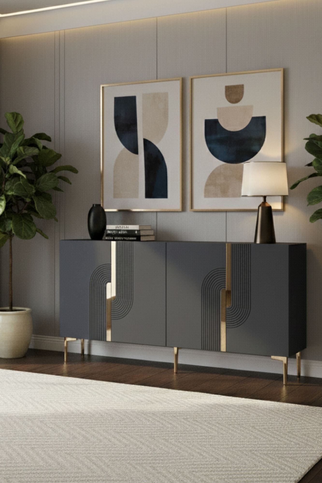 Consola Meyra 150, 150 x 75 x 32 cm, antracit auriu, PAL melaminat, spatiu de depozitare, fixare pe perete, antracit / gold — imaginea 3