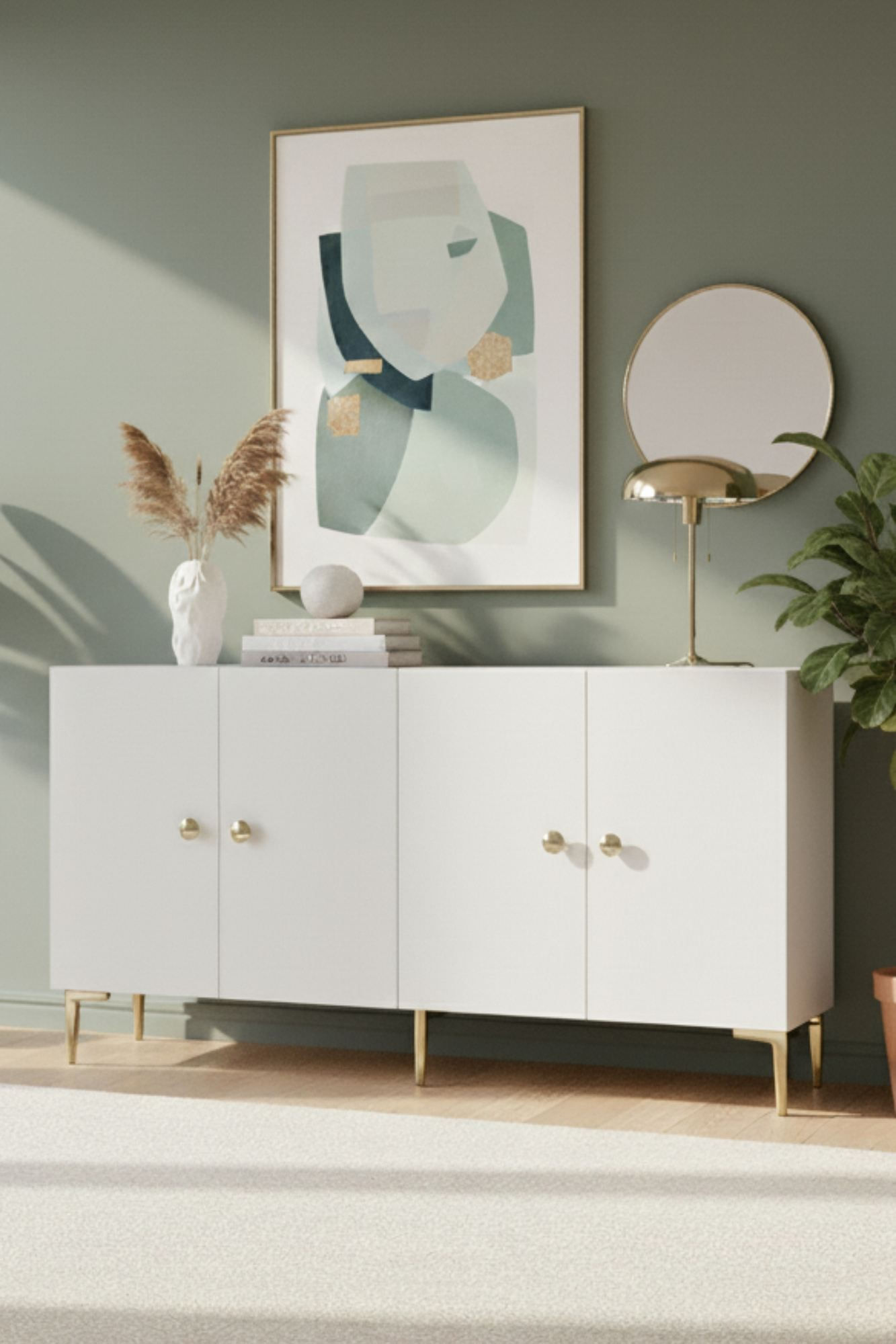 Consola Simple 150, 150 x 75 x 32 cm, alb auriu, PAL melaminat, spatiu de depozitare, fixare pe perete, alb / gold — imaginea 8