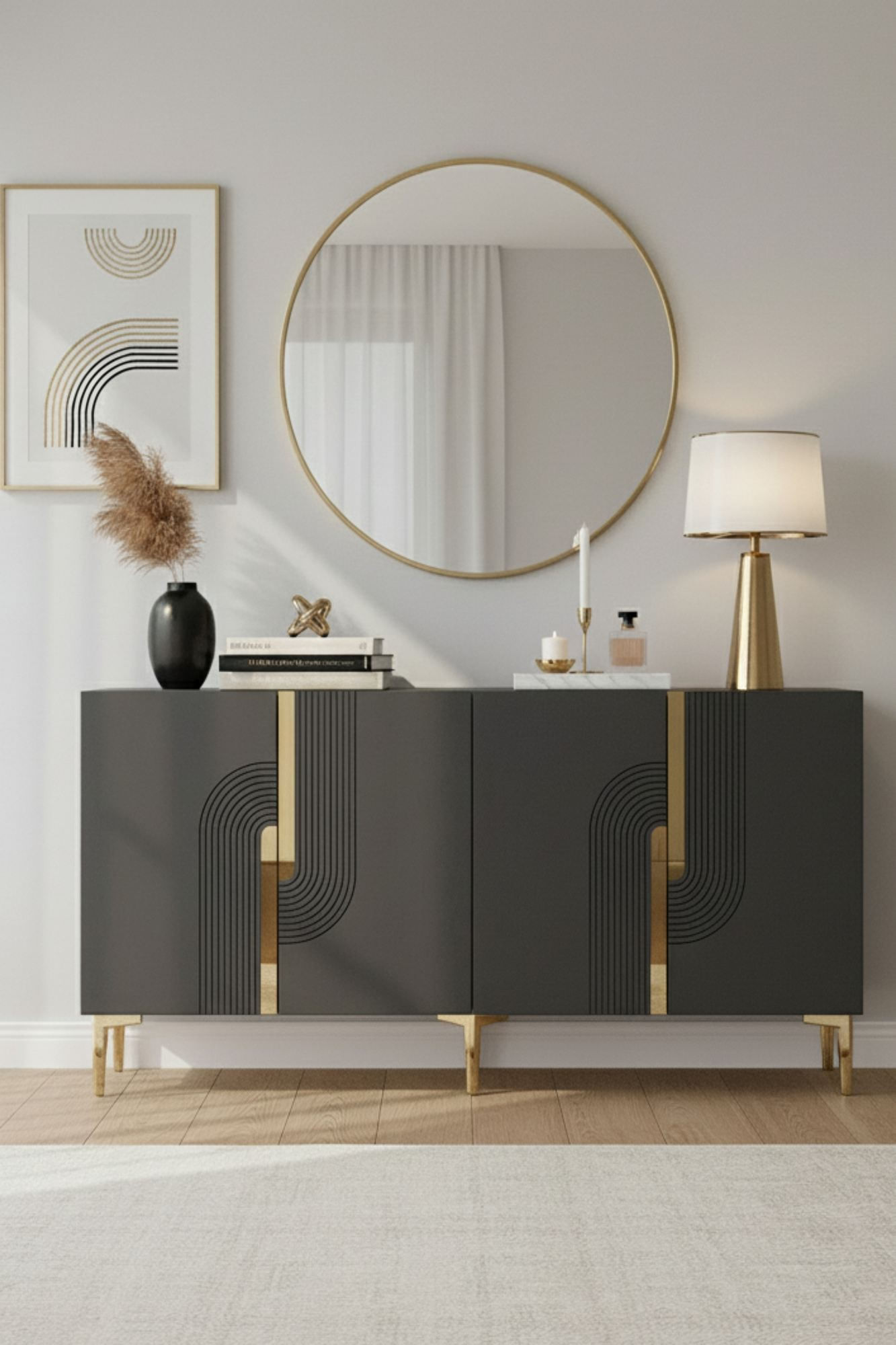 Consola Meyra 150, 150 x 75 x 32 cm, antracit auriu, PAL melaminat, spatiu de depozitare, fixare pe perete, antracit / gold — imaginea 6
