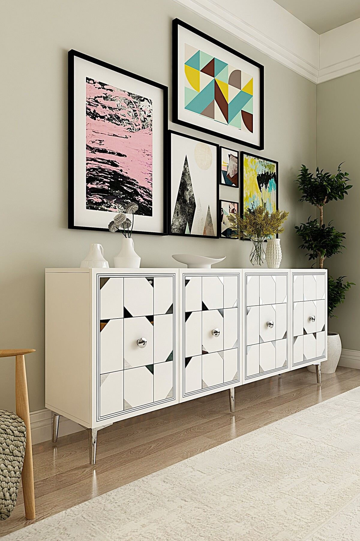 Consola Moka 180, 180 x 75 x 32 cm, alb argintiu, PAL melaminat, oglinda inclusa, alb / silver — imaginea 4