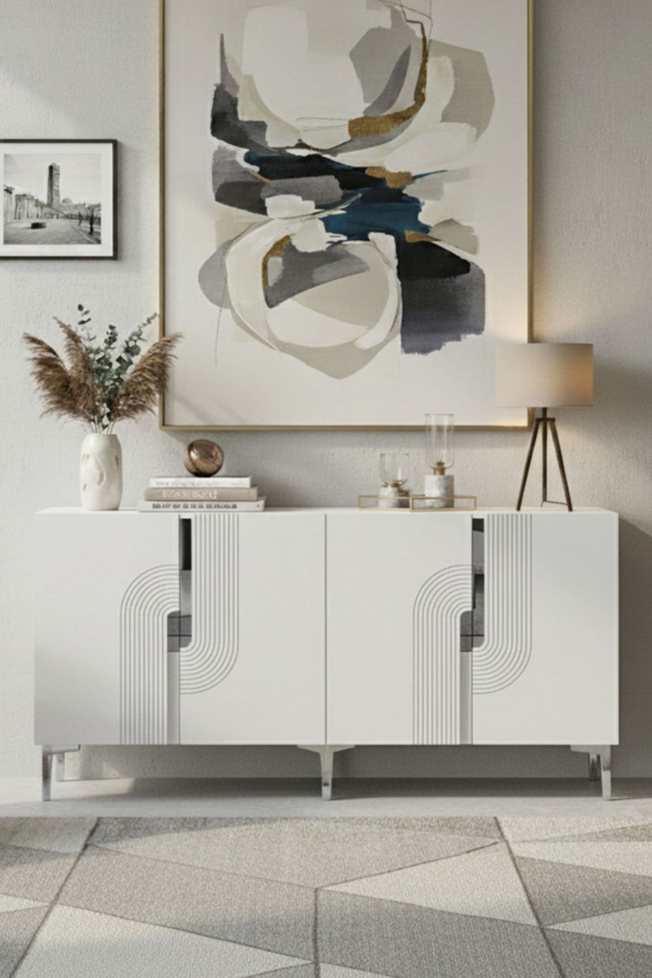 Consola Meyra 180, 180 x 75 x 32 cm, alb argintiu, PAL melaminat, oglinda inclusa, alb / silver — imaginea 7