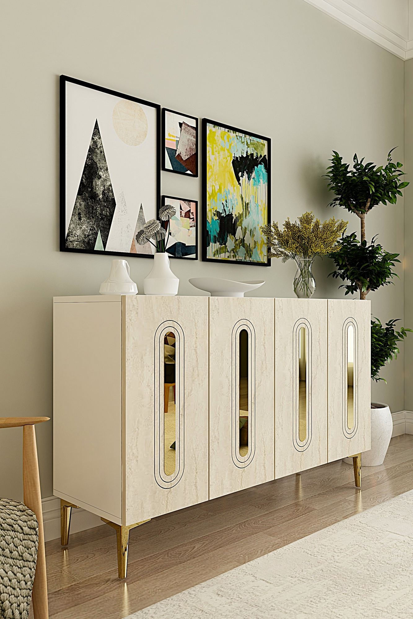 Consola Rany 120, 120 x 75 x 32 cm, alb travertin auriu, PAL melaminat, spatiu de depozitare, fixare pe perete, alb / travertin / gold — imaginea 2