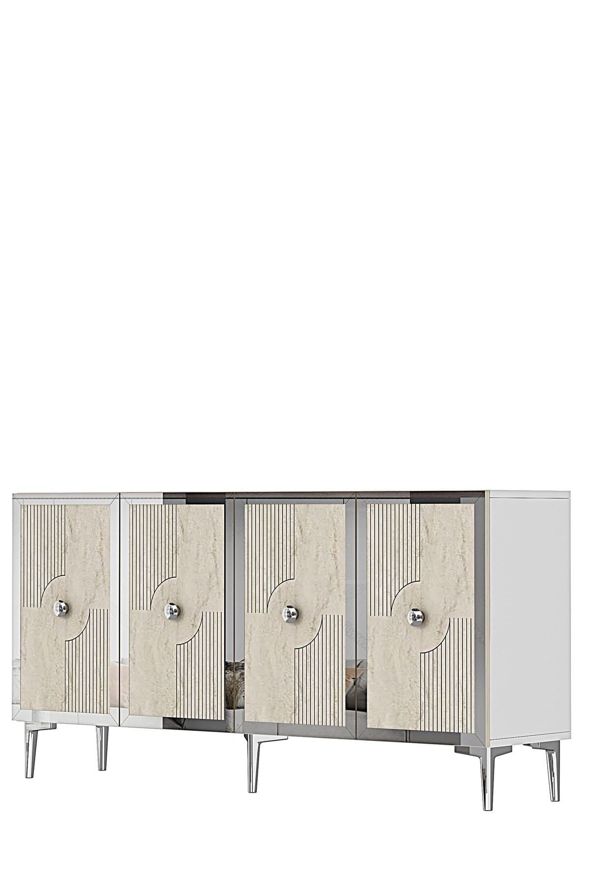 Consola Pega 150, 125 x 75 x 32 cm, alb travertin argintiu, PAL melaminat, oglinda inclusa, alb / travertin / silver — imaginea 4