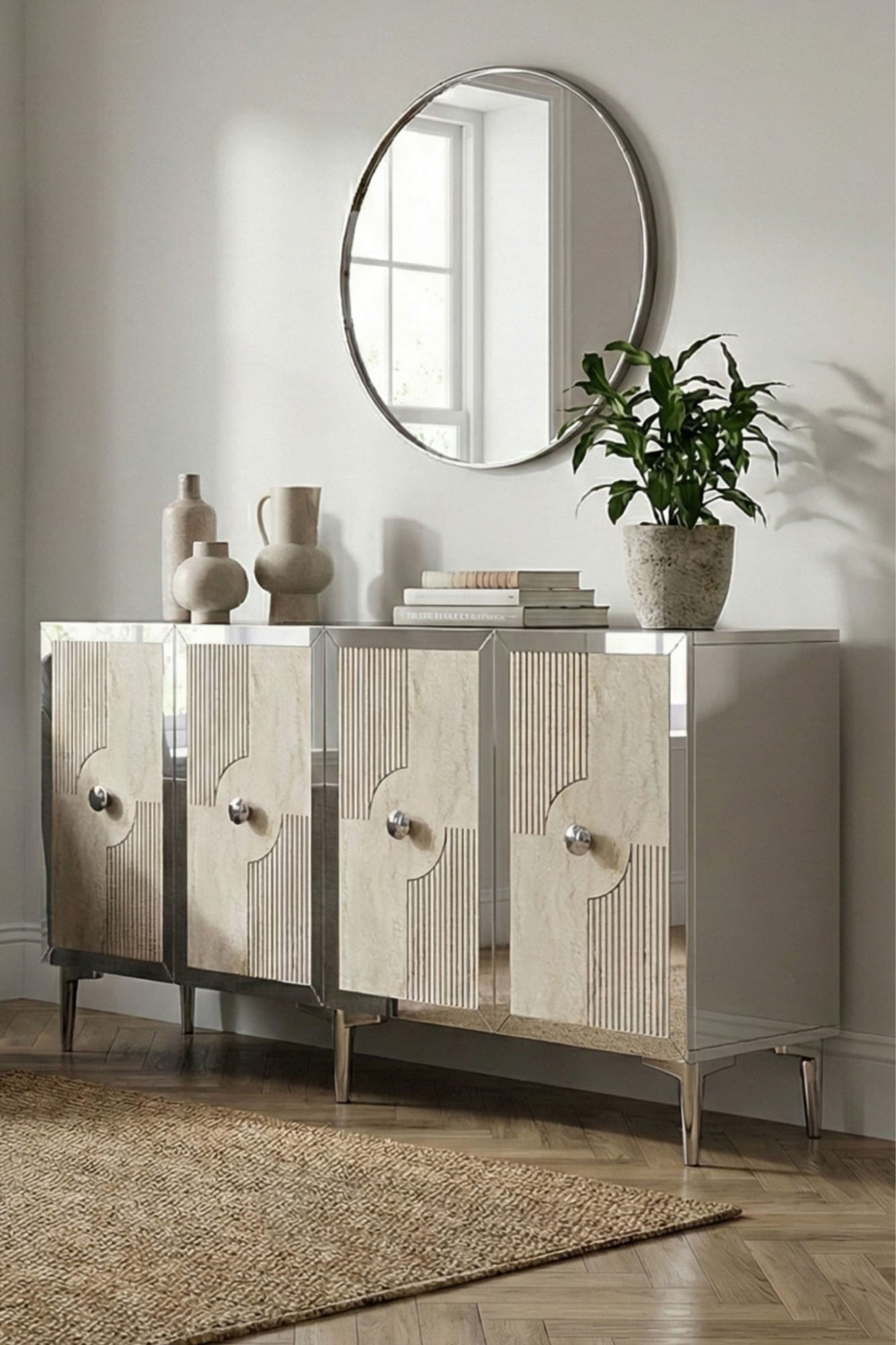 Consola Pega 150, 125 x 75 x 32 cm, alb travertin argintiu, PAL melaminat, oglinda inclusa, alb / travertin / silver — imaginea 5