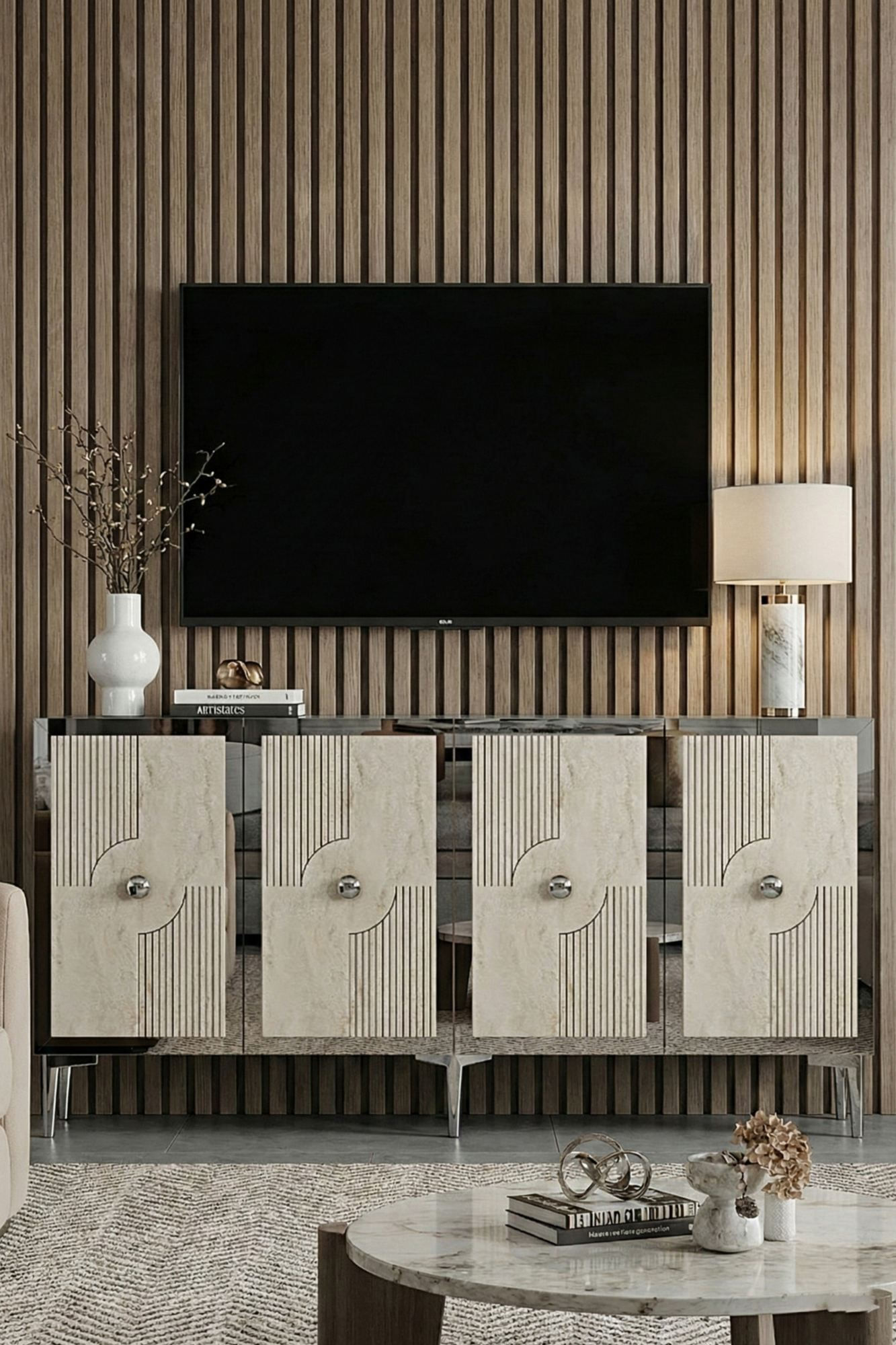 Consola Pega 150, 125 x 75 x 32 cm, alb travertin argintiu, PAL melaminat, oglinda inclusa, alb / travertin / silver — imaginea 7